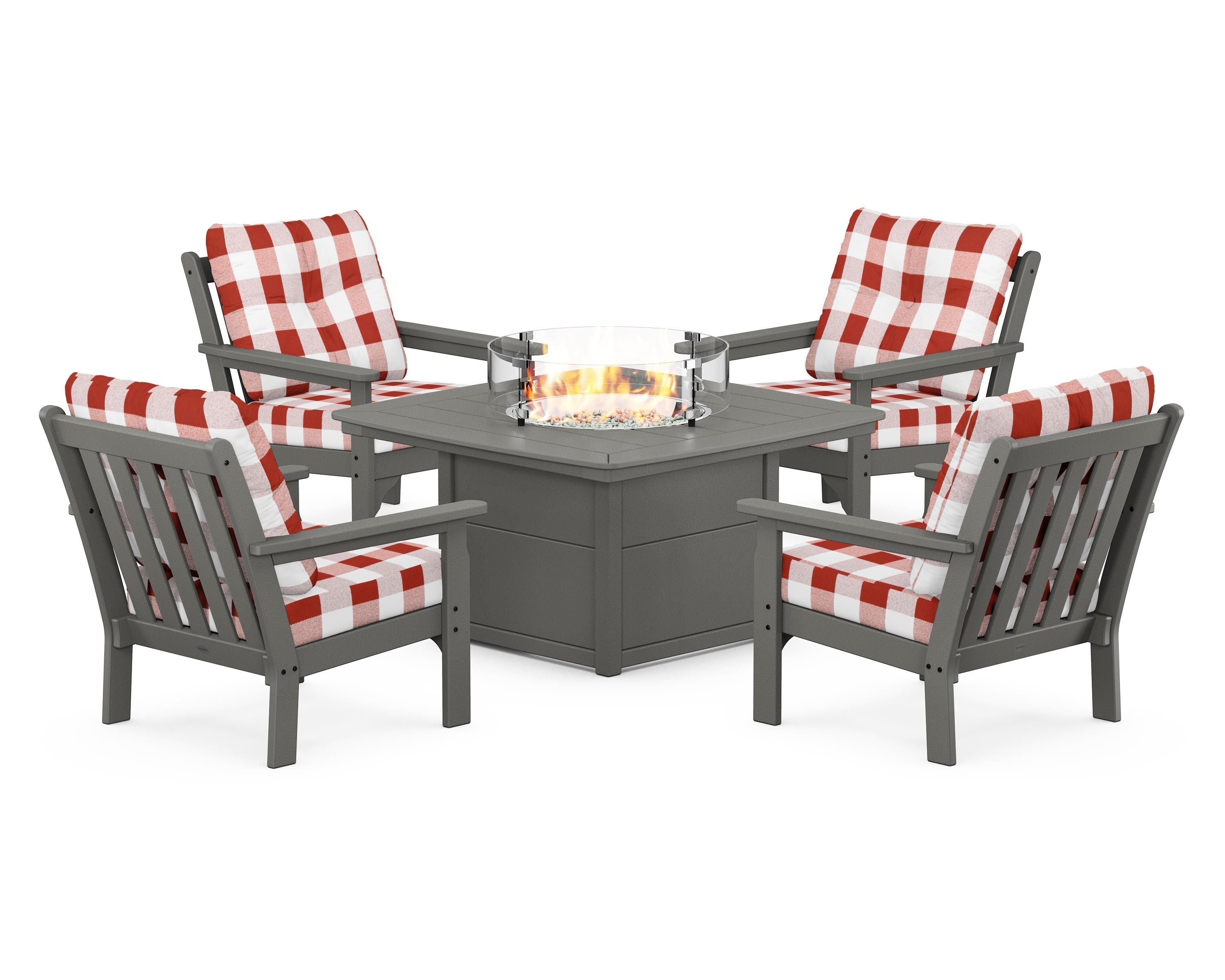 POLYWOOD® Vineyard 5-Piece Conversation Set with Fire Pit Table in Slate Grey / Buffalo Plaid Crimson