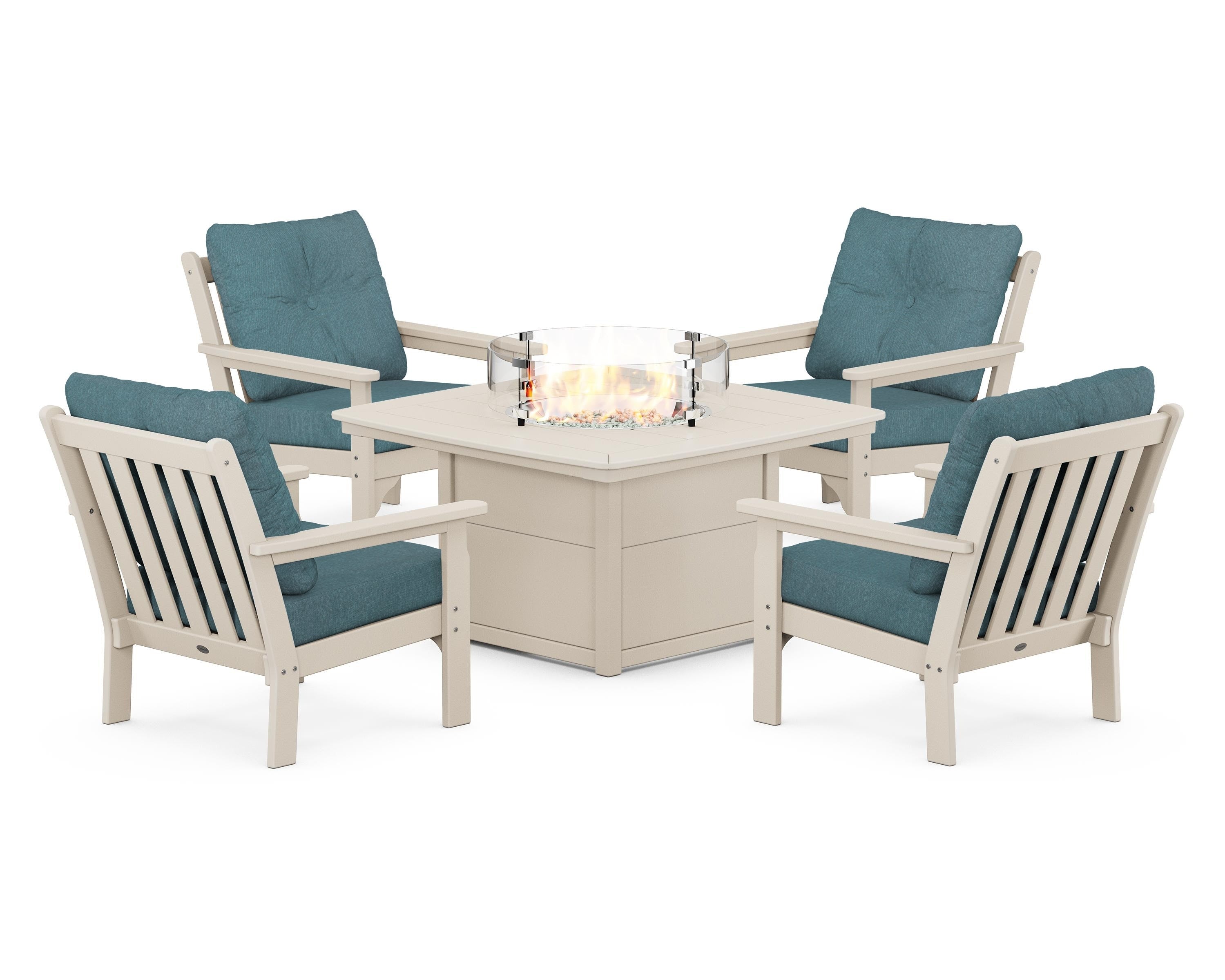 POLYWOOD® Vineyard 5-Piece Conversation Set with Fire Pit Table in Sand / Ocean Teal