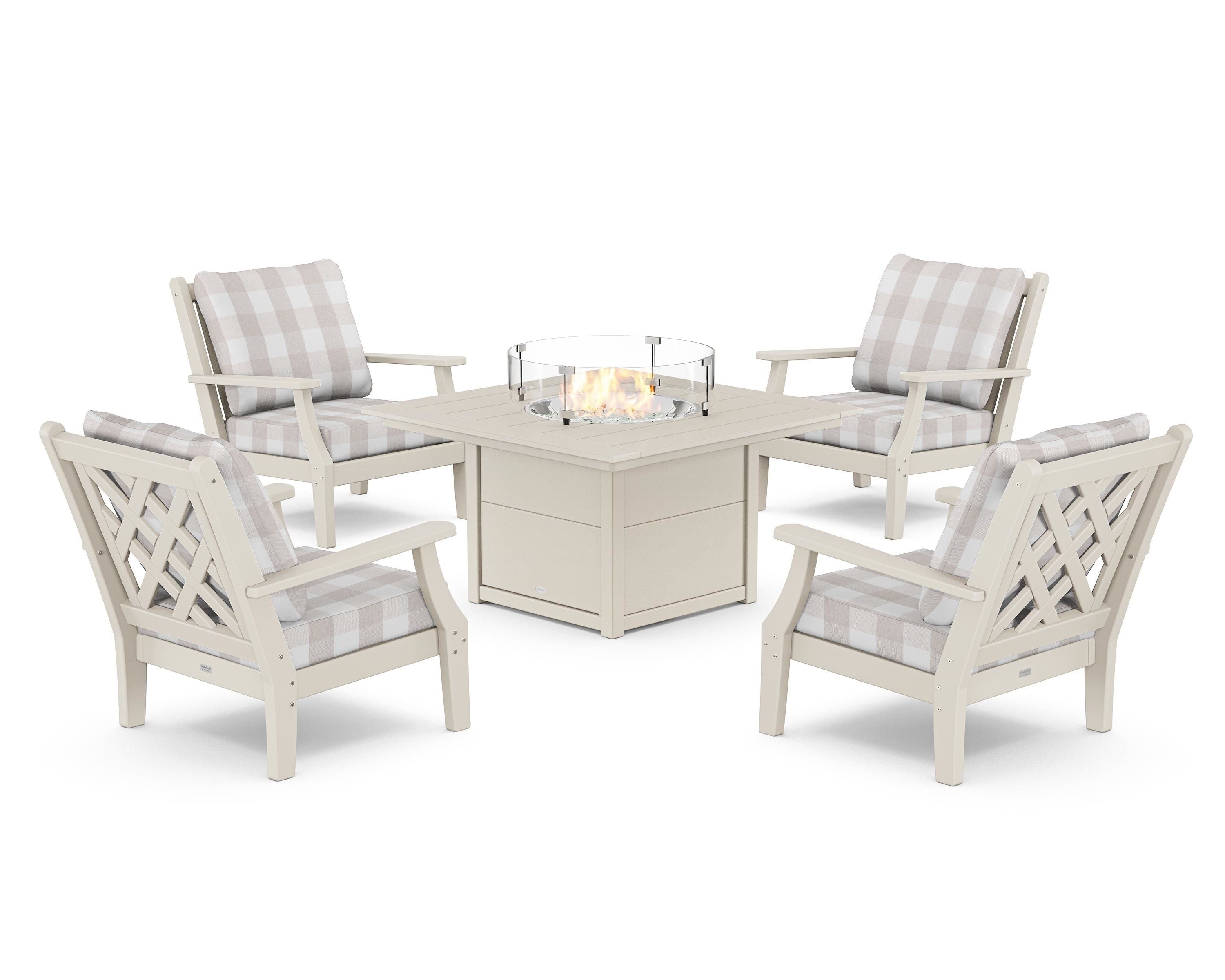 Country Living Wovendale 5-Piece Deep Seating Set with Fire Pit Table in Sand / Buffalo Plaid Dune Burlap