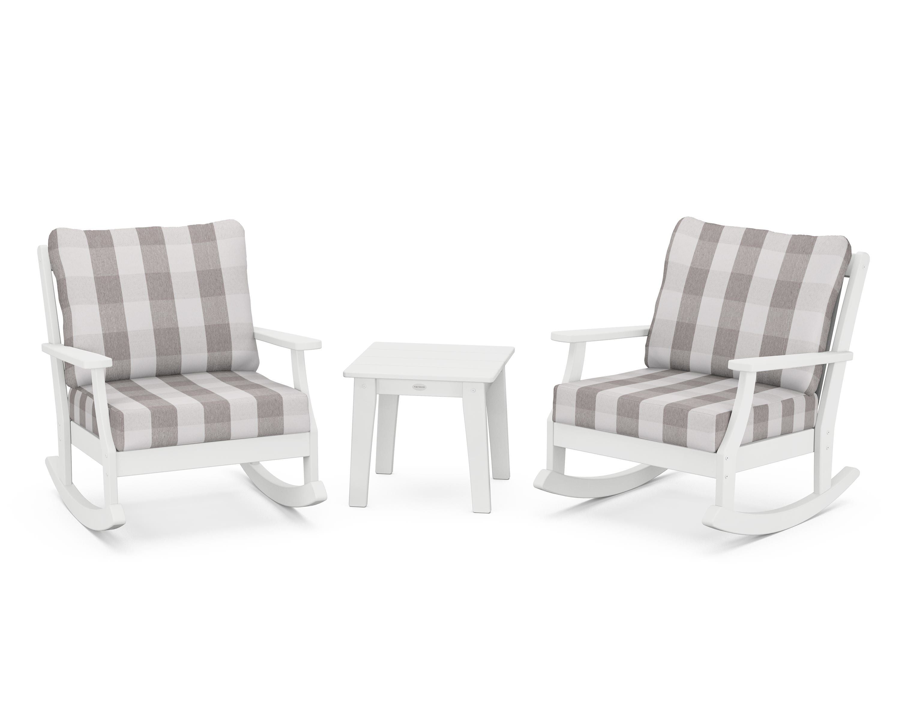 POLYWOOD® Braxton 3-Piece Deep Seating Rocker Set in White / Buffalo Plaid Grey Mist