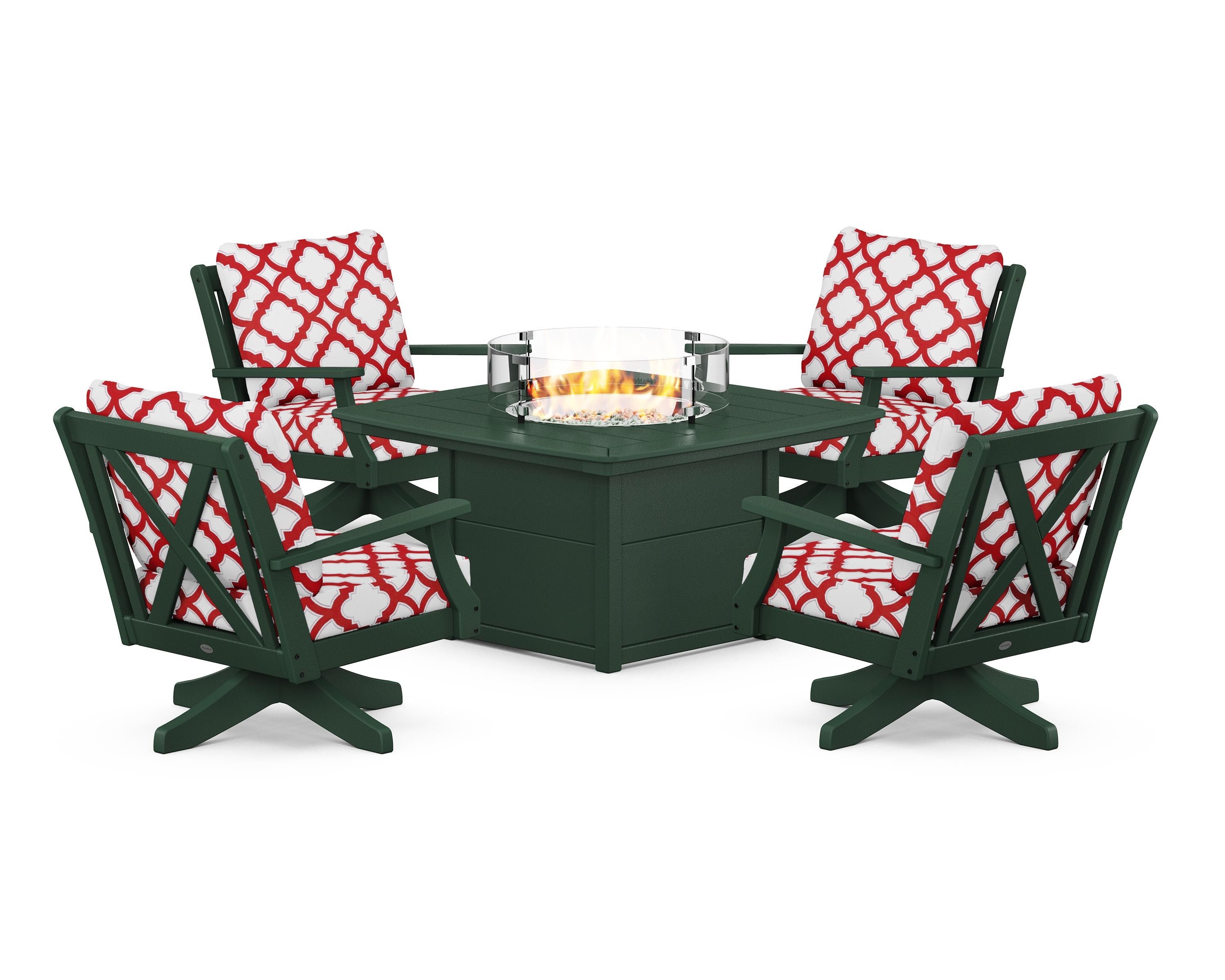 POLYWOOD® Braxton 5-Piece Deep Seating Swivel Conversation Set with Fire Pit Table in Green / Trellis Crimson