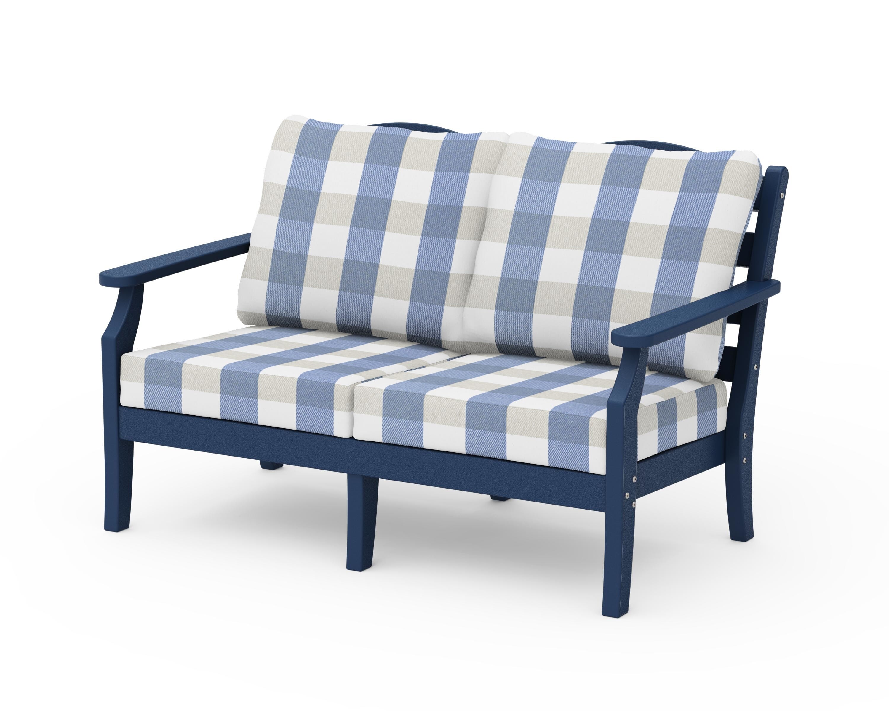 Draper James™ by POLYWOOD® Savannah Deep Seating Loveseat in Navy / Buffalo Plaid Sky Blue