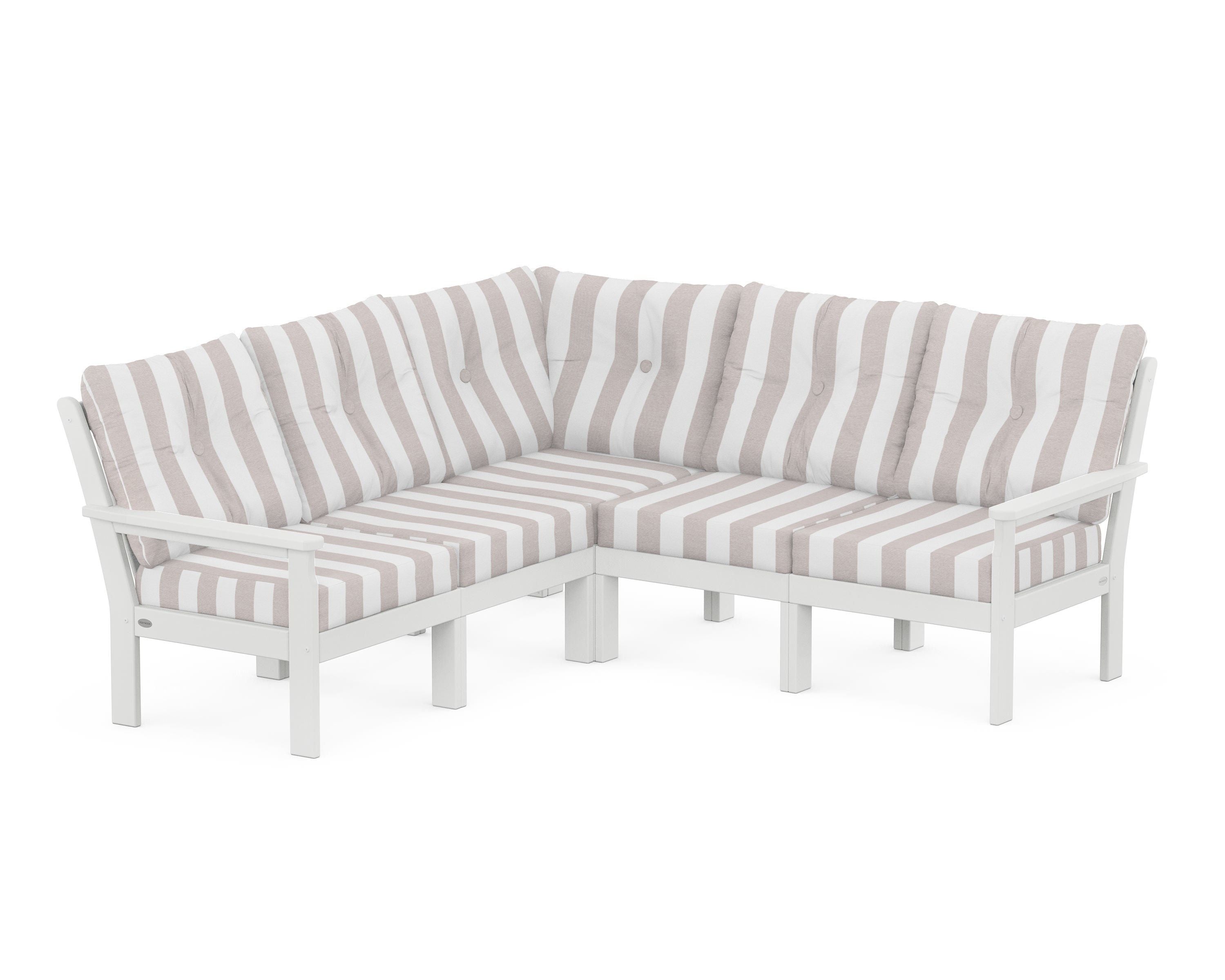 POLYWOOD® Vineyard 5-Piece Sectional in White / Cabana Stripe Dune Burlap
