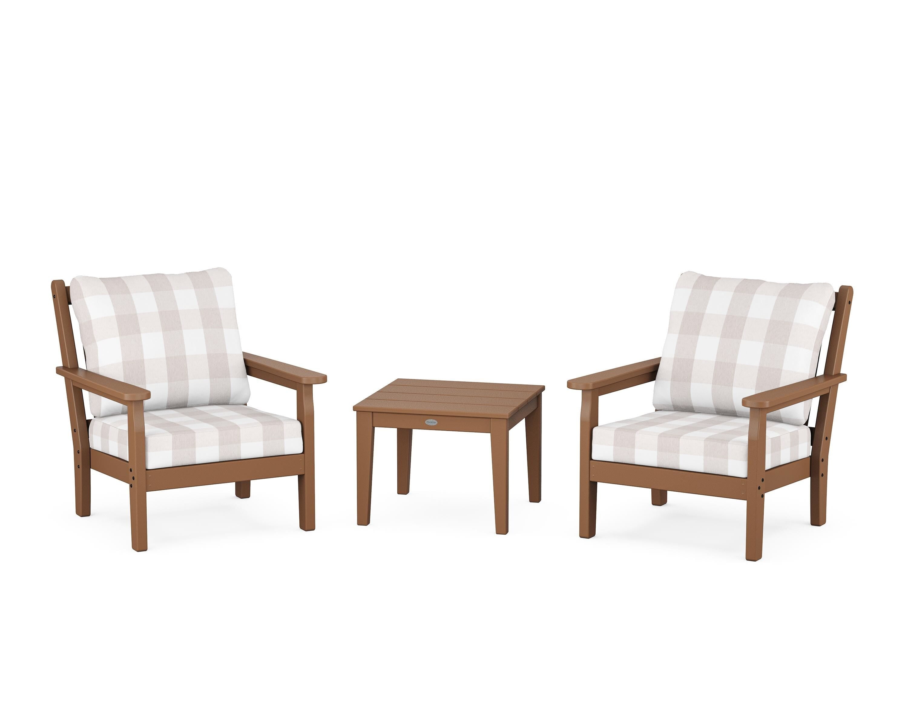 POLYWOOD® Chippendale 3-Piece Deep Seating Set in Teak / Buffalo Plaid Dune Burlap