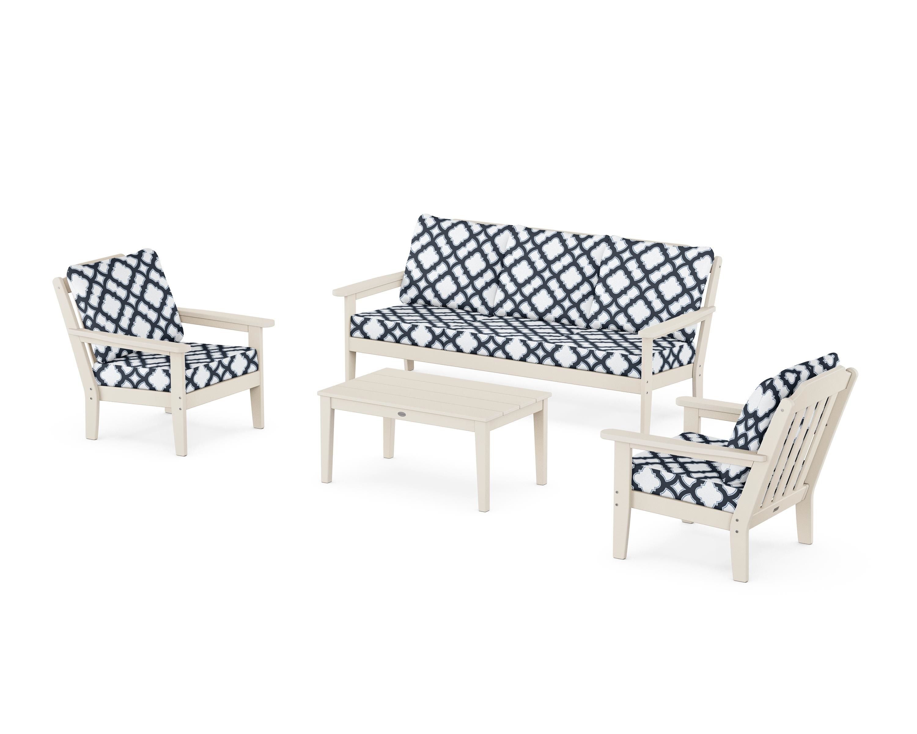 Country Living Cottage 4-Piece Deep Seating Set with Sofa in Sand / Trellis Marine Indigo