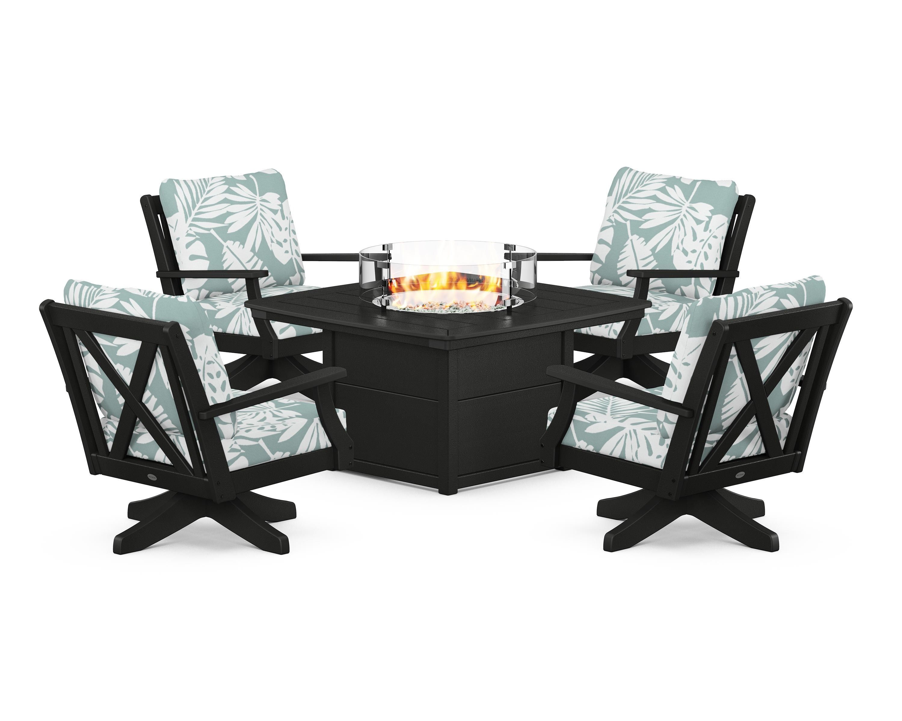 POLYWOOD® Braxton 5-Piece Deep Seating Swivel Conversation Set with Fire Pit Table in Black / Leaf Glacier Spa