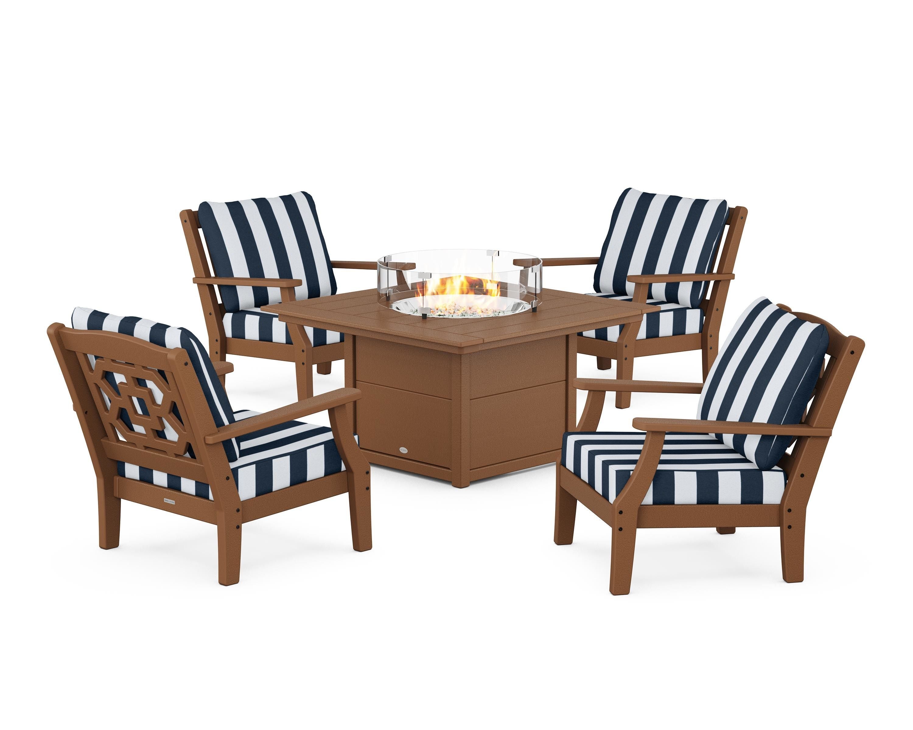 Martha Stewart by POLYWOOD® Chinoiserie 5-Piece Deep Seating Set with Fire Pit Table in Teak / Cabana Stripe Marine Indigo