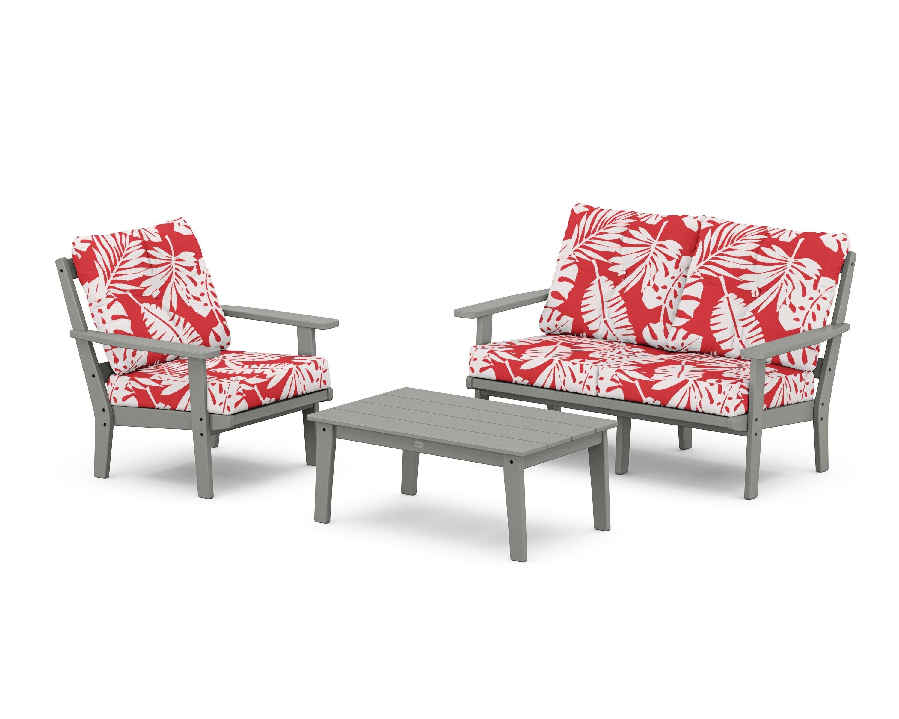 POLYWOOD® Oxford 3-Piece Deep Seating Set with Loveseat in Slate Grey / Leaf Crimson