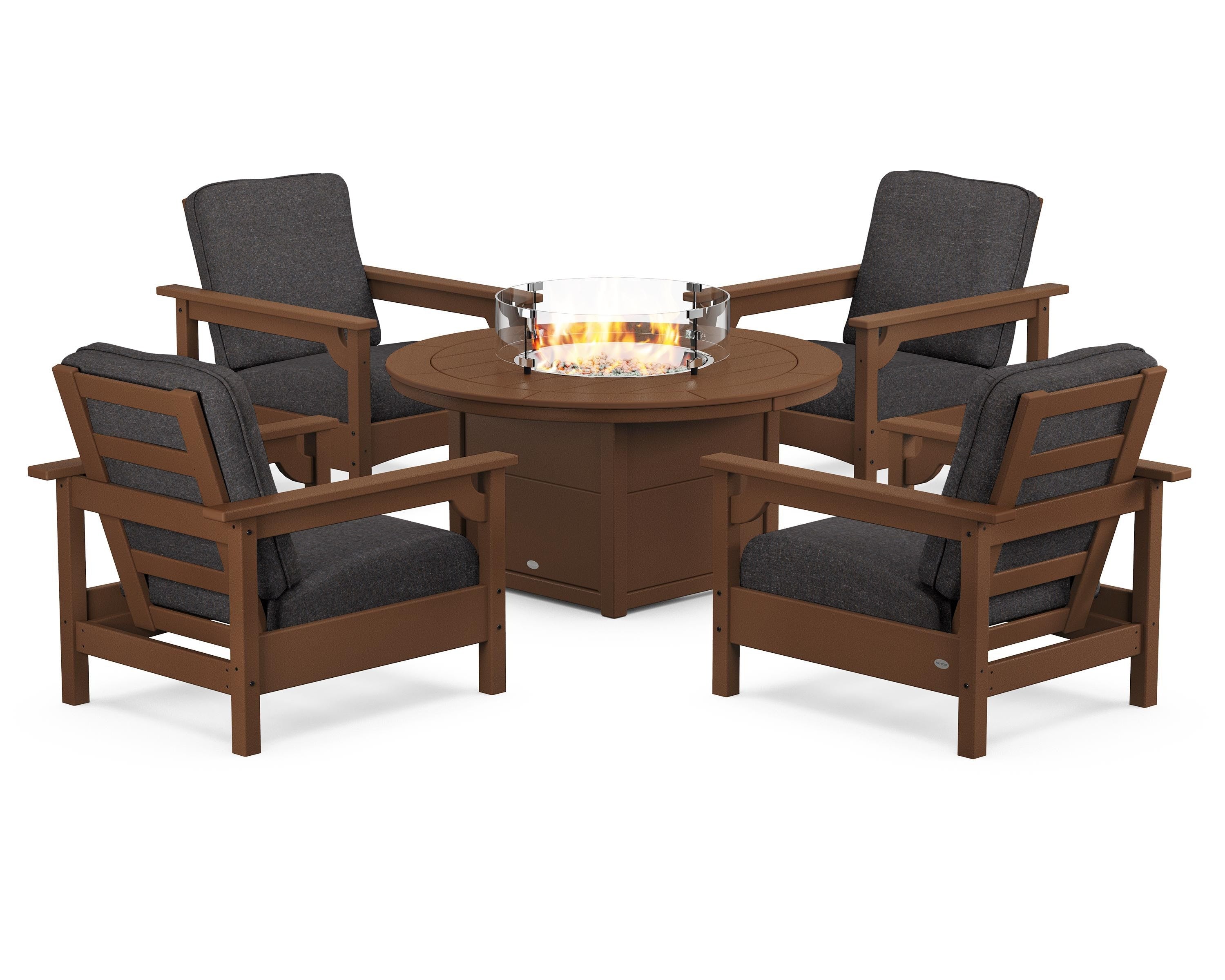 POLYWOOD® Club 5-Piece Conversation Set with Fire Pit Table in Teak / Ash Charcoal