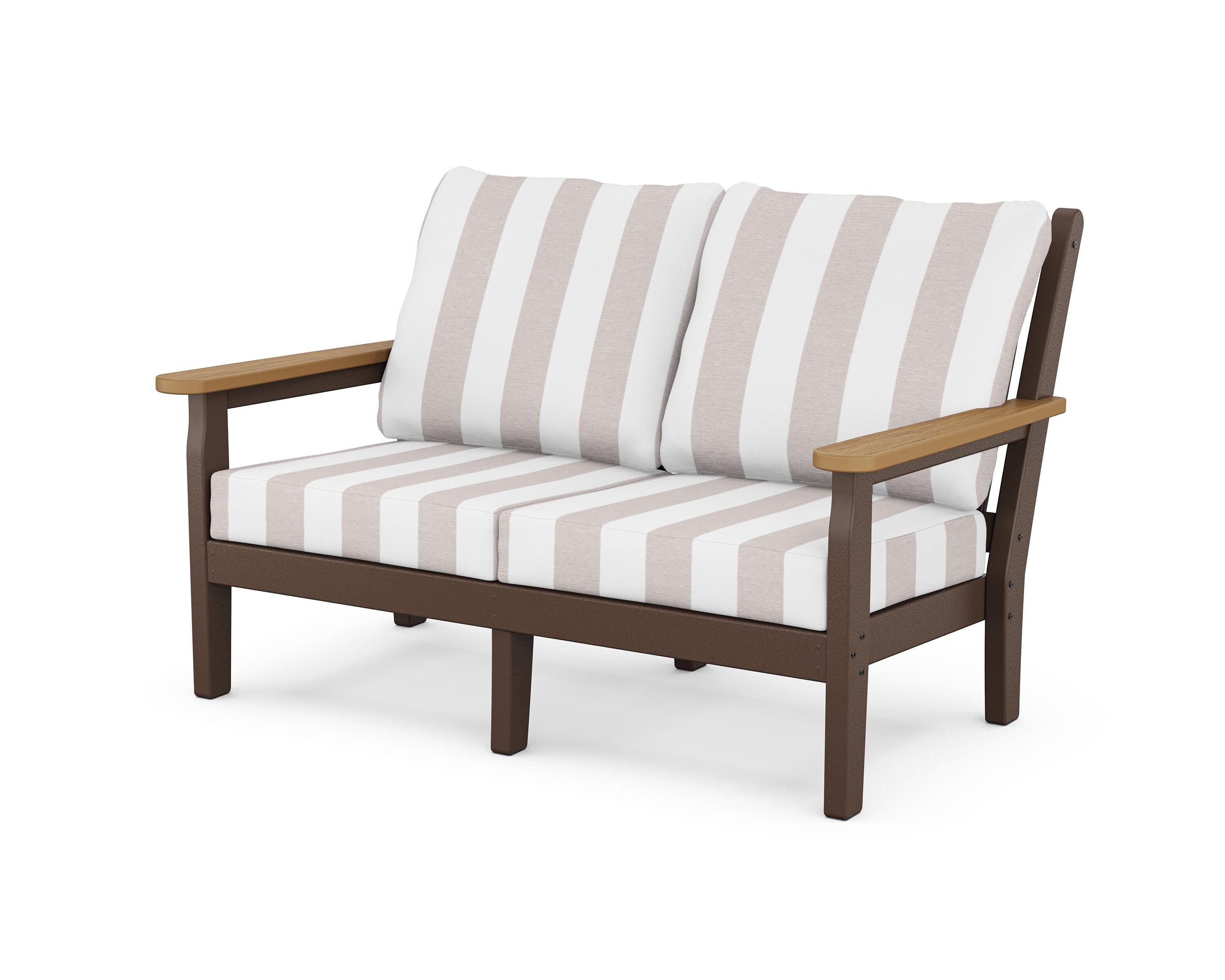 POLYWOOD® Chippendale Deep Seating Loveseat in Mahogany / Natural / Cabana Stripe Dune Burlap
