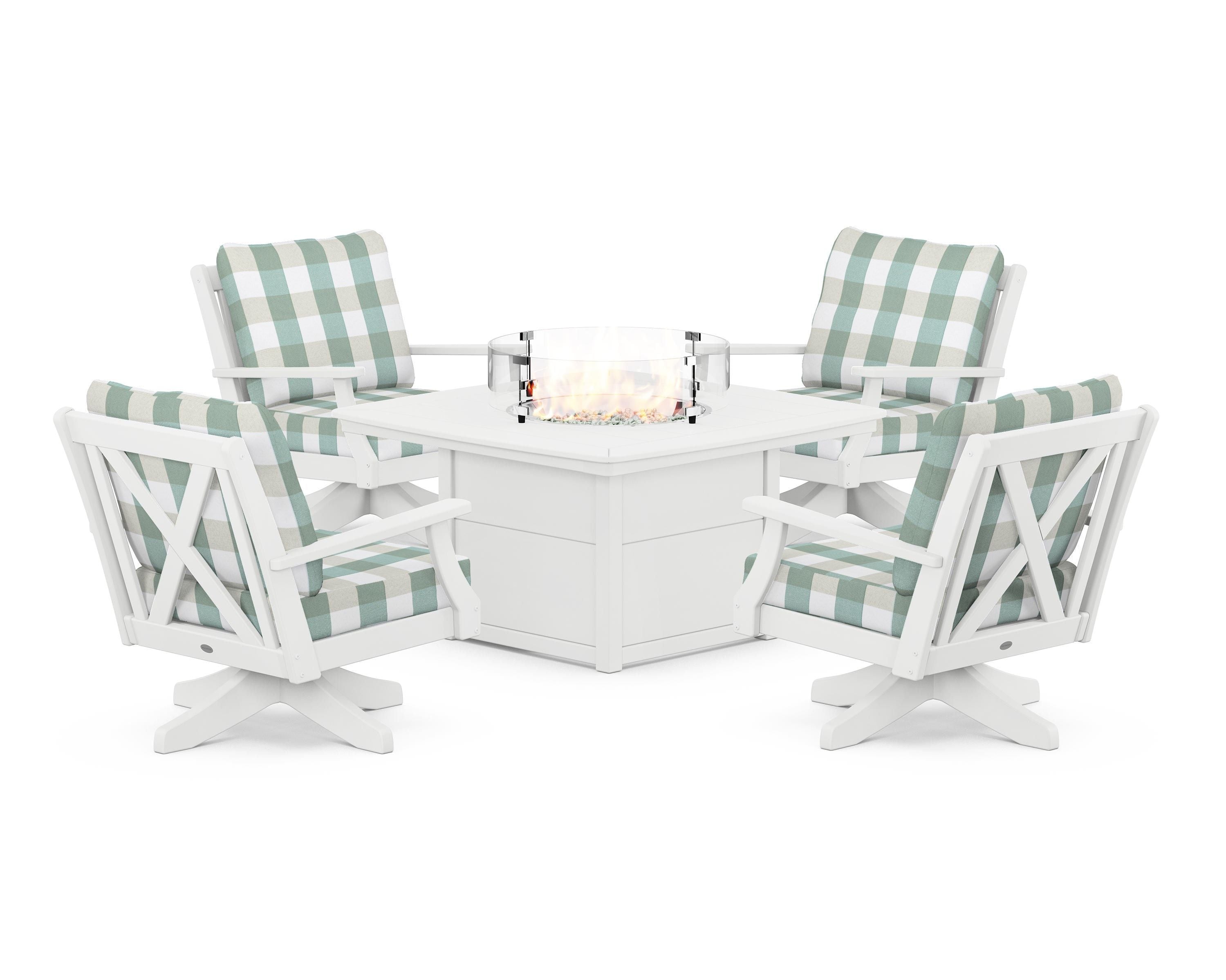 POLYWOOD® Braxton 5-Piece Deep Seating Swivel Conversation Set with Fire Pit Table in White / Buffalo Plaid Glacier Spa