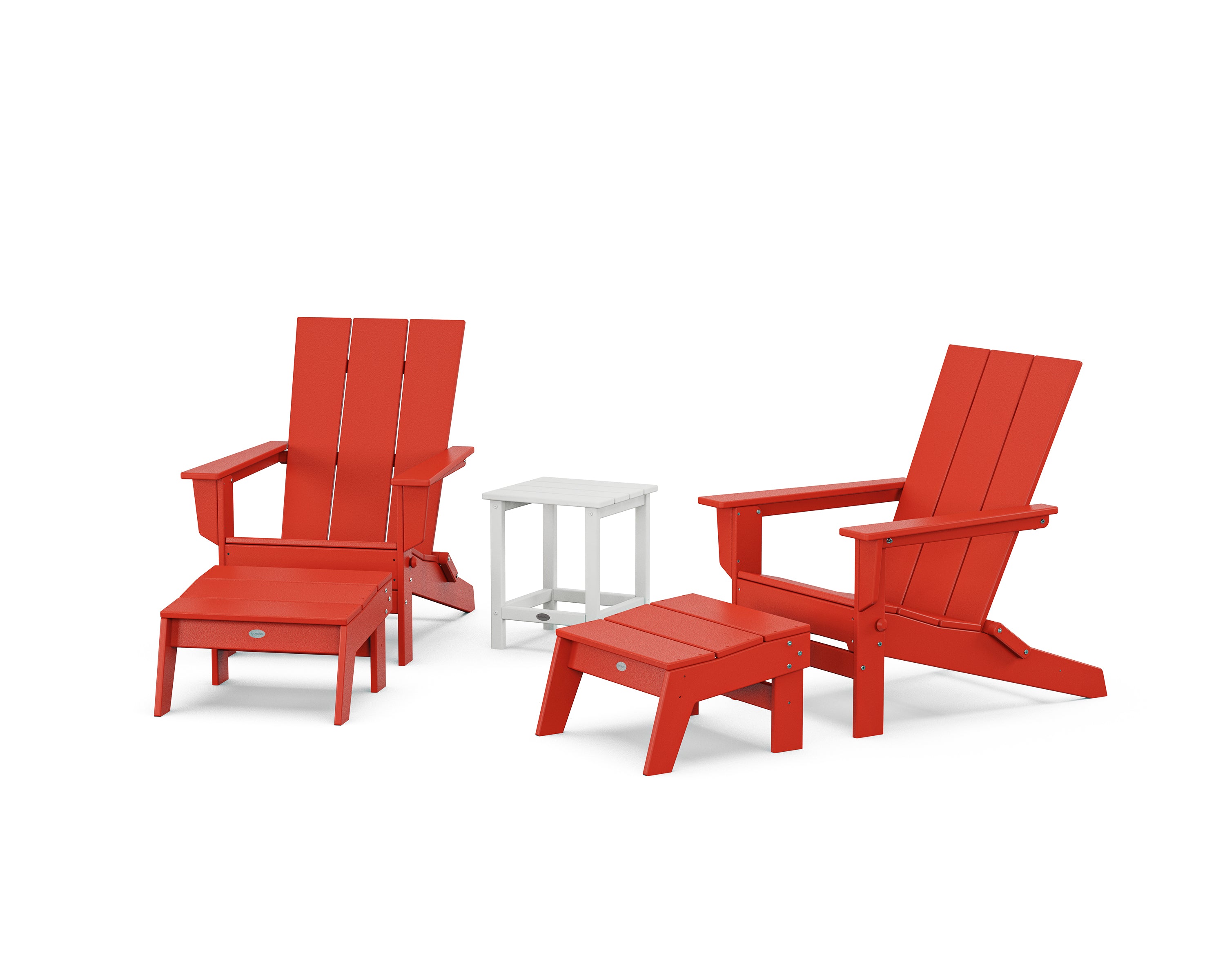 POLYWOOD® 5-Piece Modern Studio Folding Adirondack Set with Ottomans and Side Table in Sunset Red / White