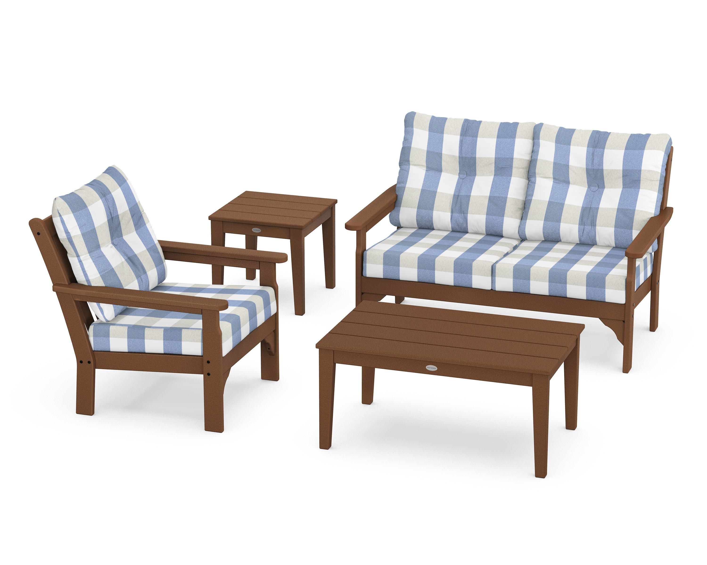 POLYWOOD® Vineyard 4-Piece Deep Seating Set in Teak / Buffalo Plaid Sky Blue