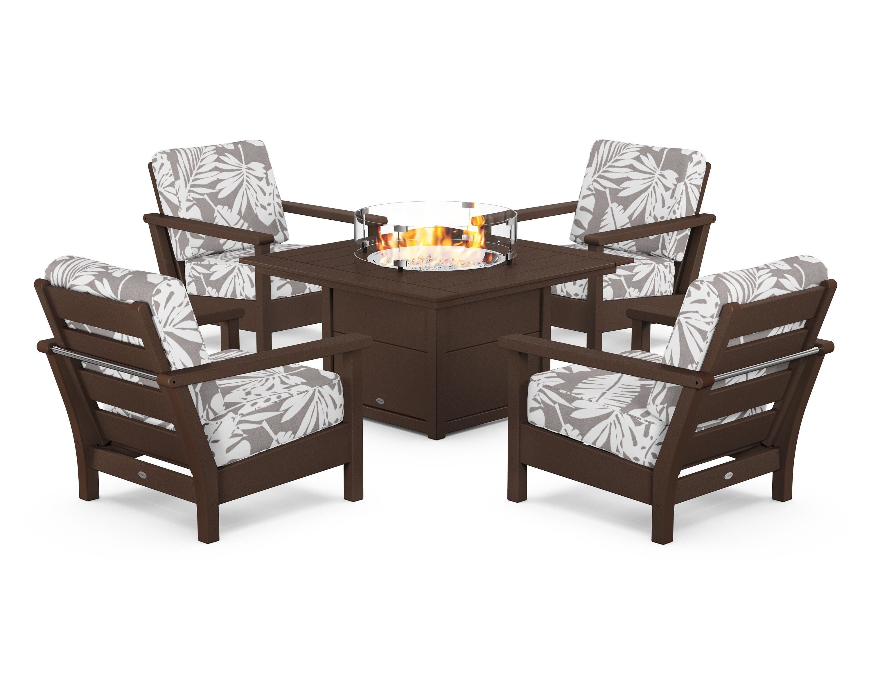 POLYWOOD® Harbour 5-Piece Conversation Set with Fire Pit Table in Mahogany / Leaf Grey Mist