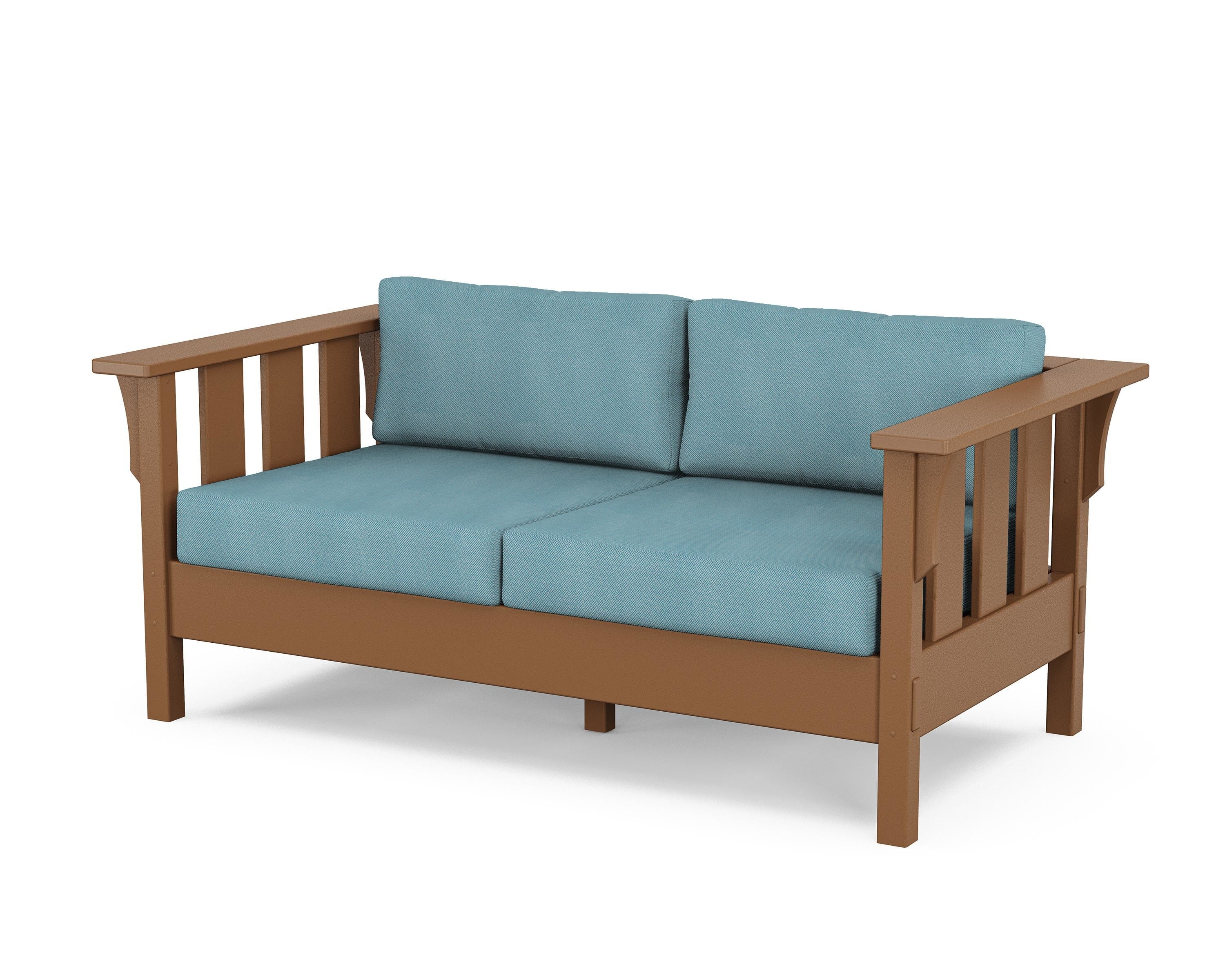 Martha Stewart by POLYWOOD® Acadia Deep Seating Loveseat in Teak / Lattice Sky Blue