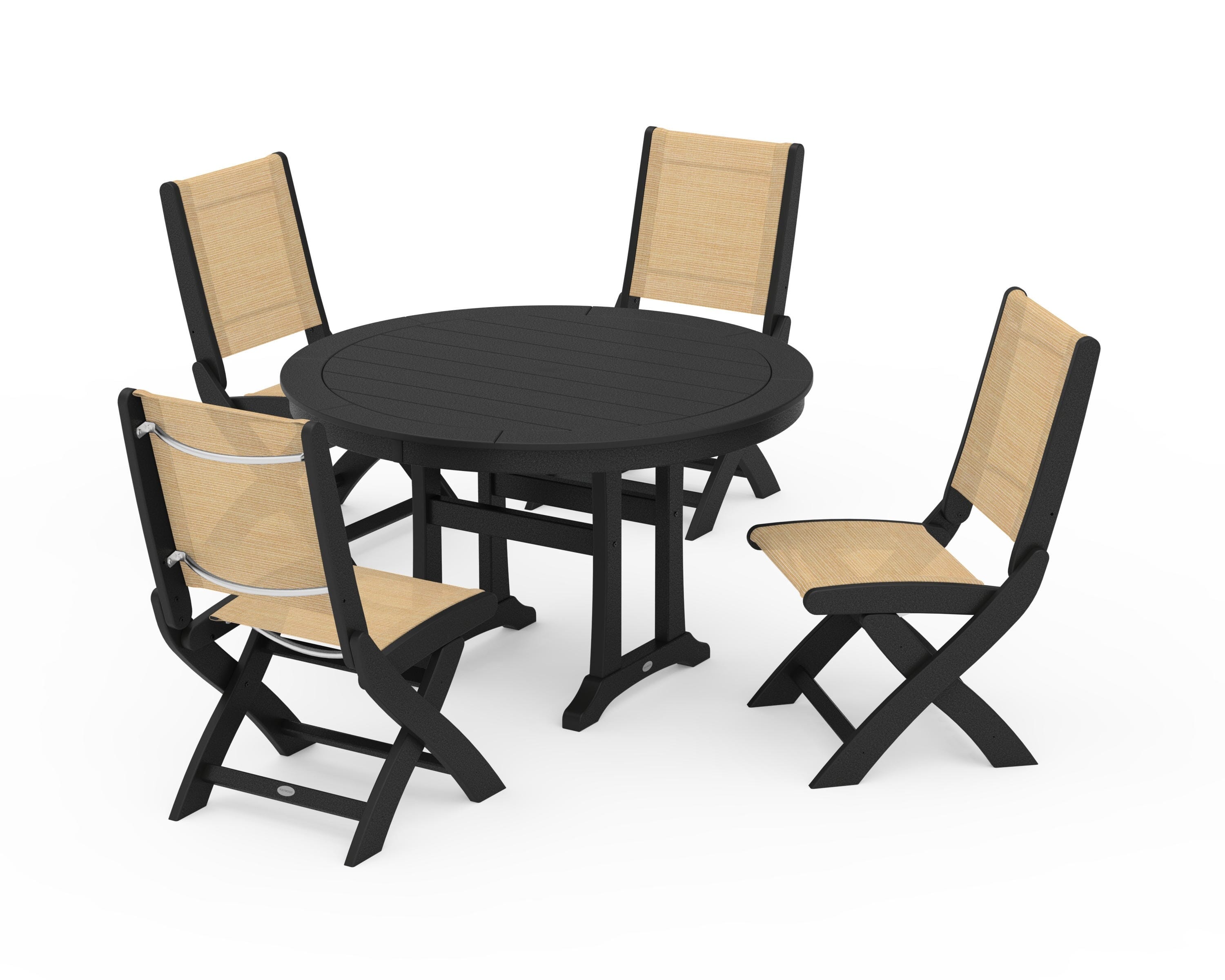 POLYWOOD® Coastal Folding Side Chair 5-Piece Round Dining Set With Trestle Legs in Black / Dupioni Apricot Sling