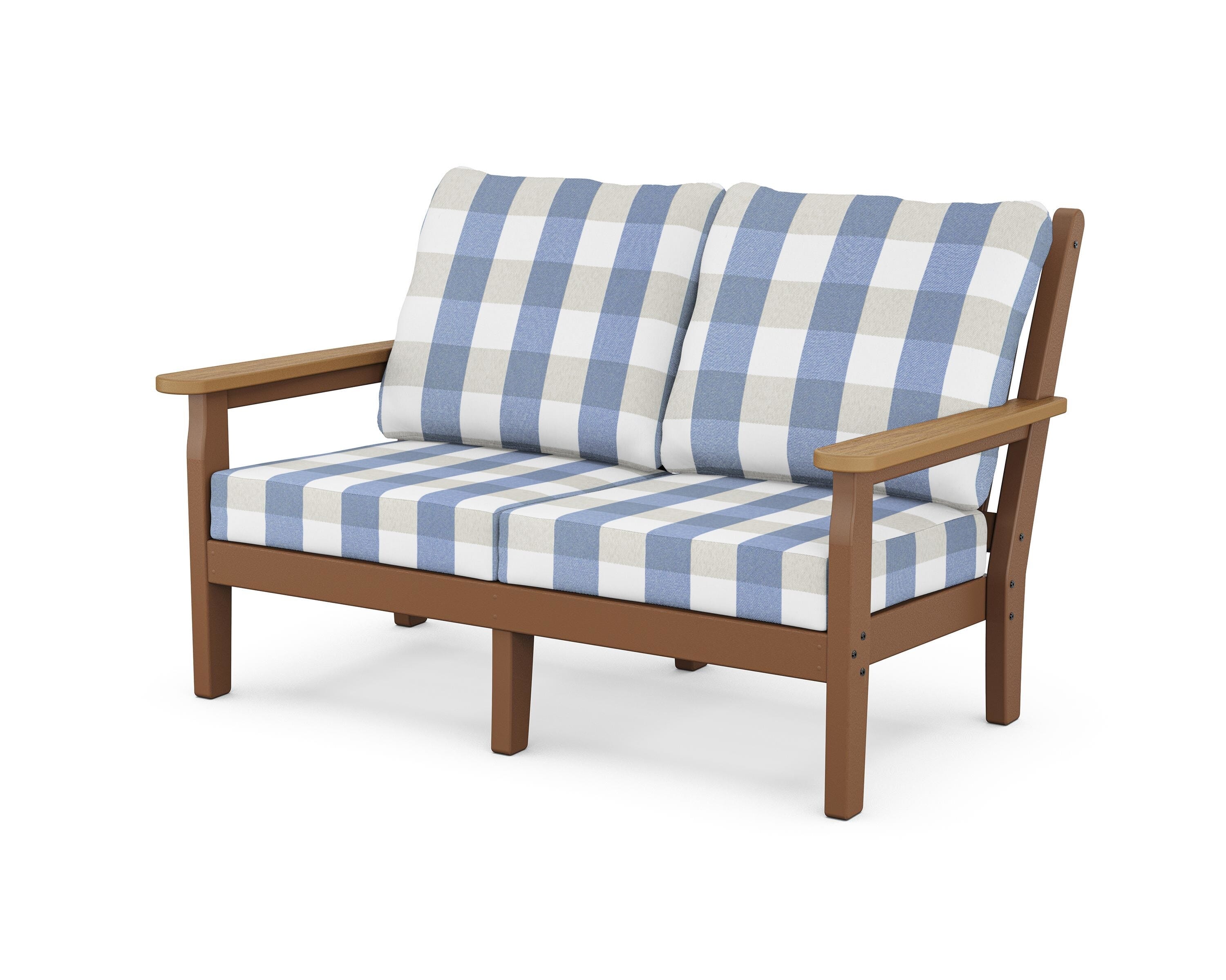 POLYWOOD® Chippendale Deep Seating Loveseat in Teak / Natural / Buffalo Plaid Sky Blue