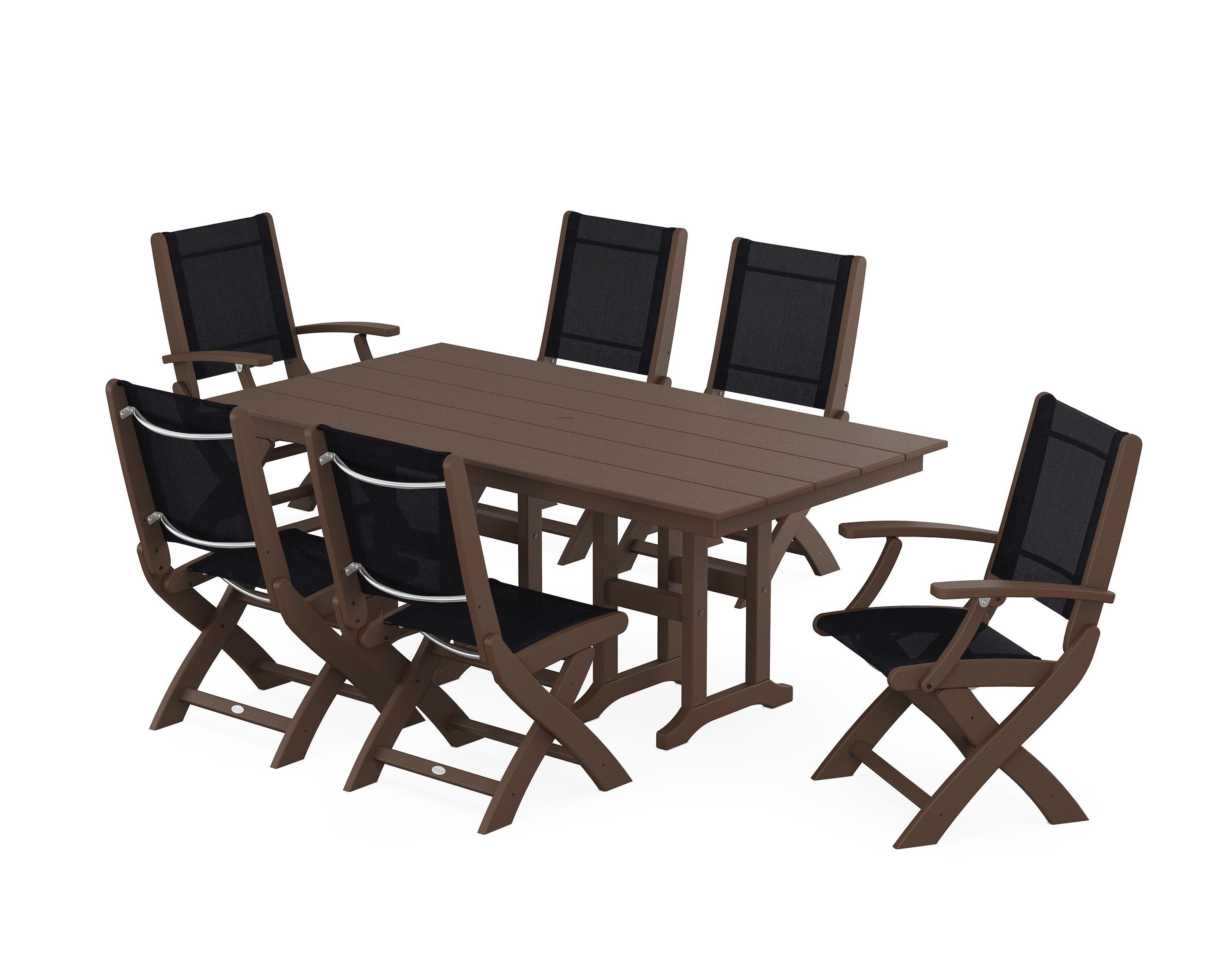 POLYWOOD® Coastal Folding Chair 7-Piece Farmhouse Dining Set in Mahogany / Black Sling