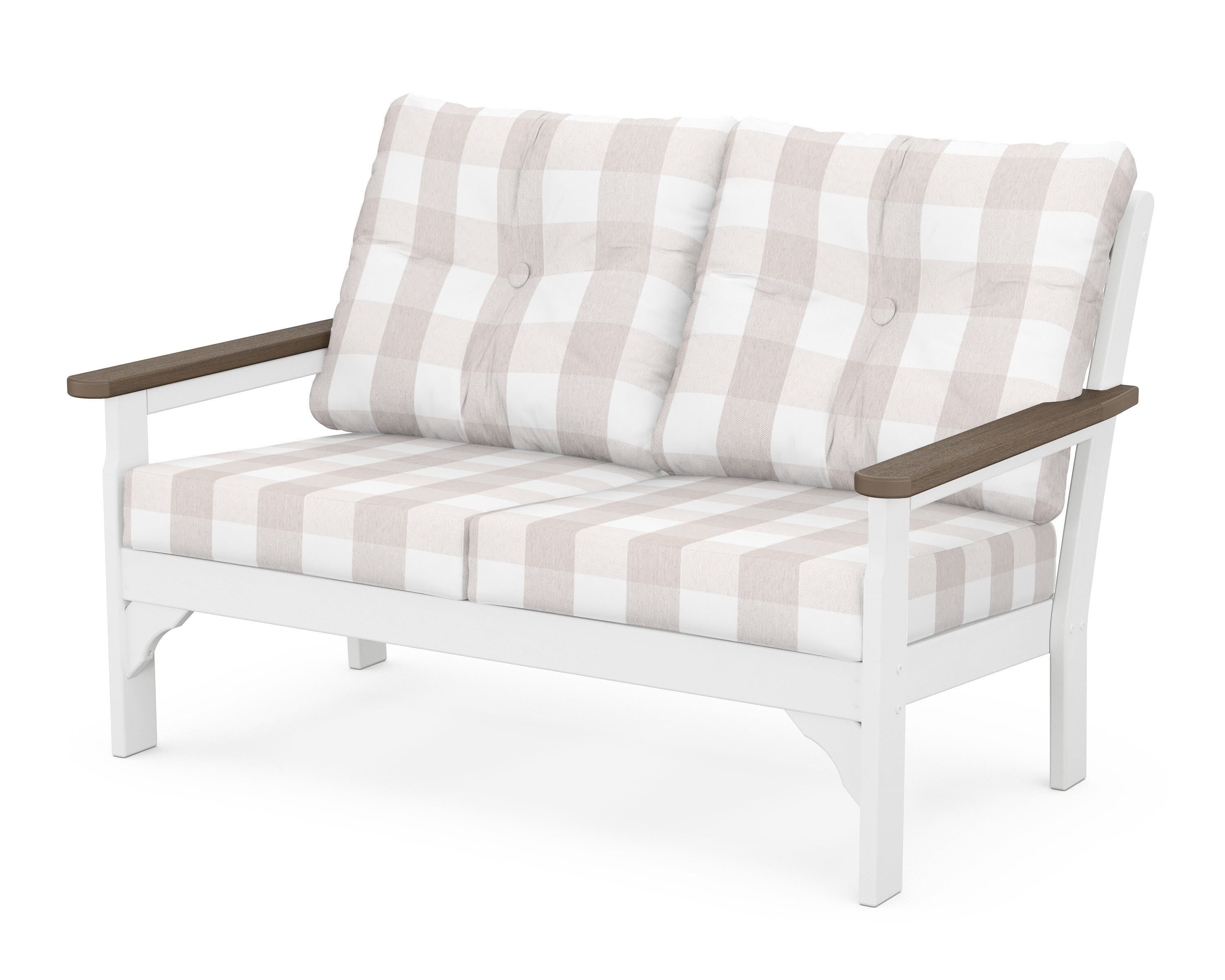POLYWOOD® Vineyard Deep Seating Loveseat in White / Kona / Buffalo Plaid Dune Burlap