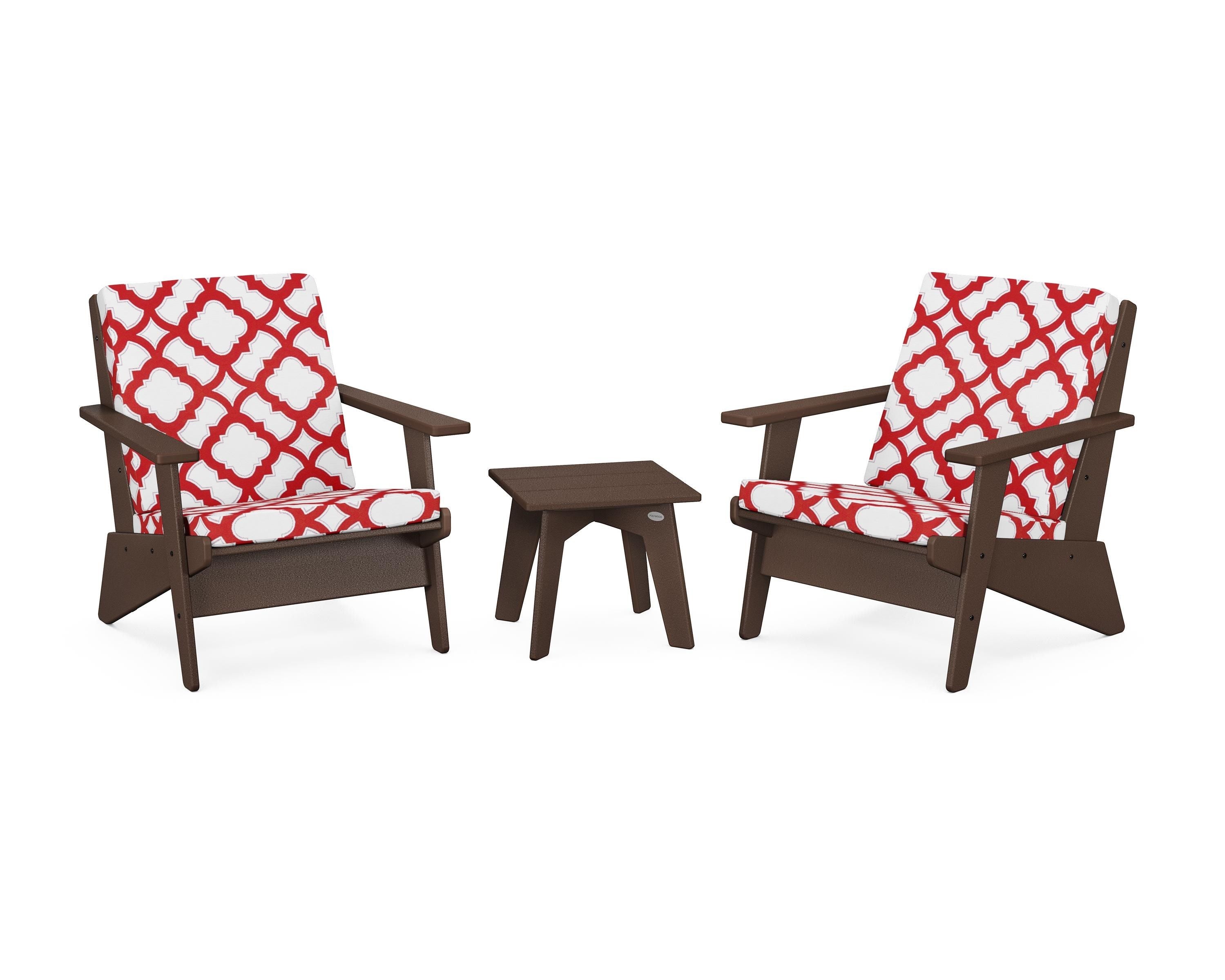 POLYWOOD® Riviera Modern Lounge 3-Piece Set in Mahogany / Trellis Crimson