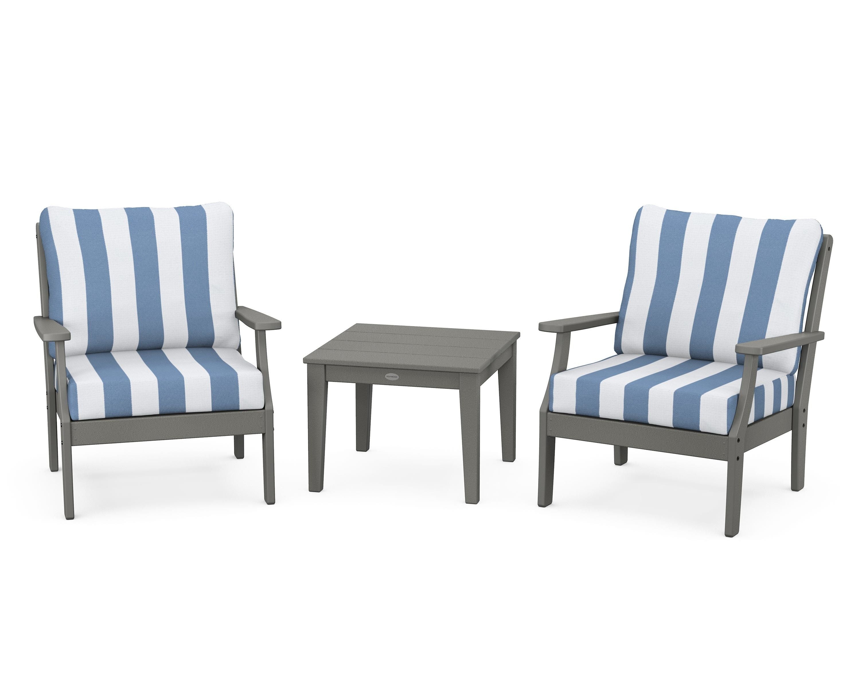 POLYWOOD® Braxton 3-Piece Deep Seating Set in Slate Grey / Cabana Stripe Sky Blue
