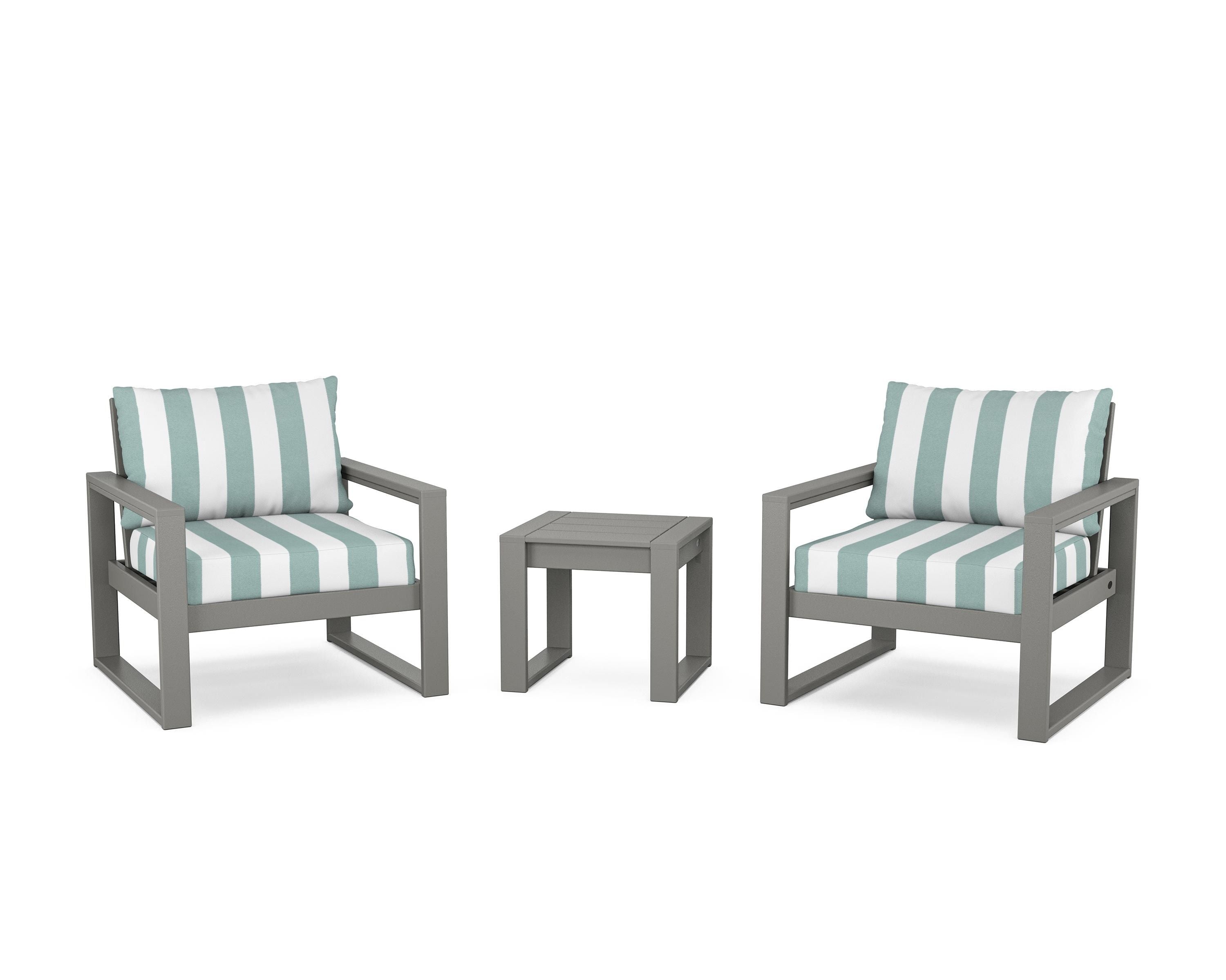 POLYWOOD® EDGE Sectional 3-Piece Deep Seating Set in Slate Grey / Cabana Stripe Glacier Spa
