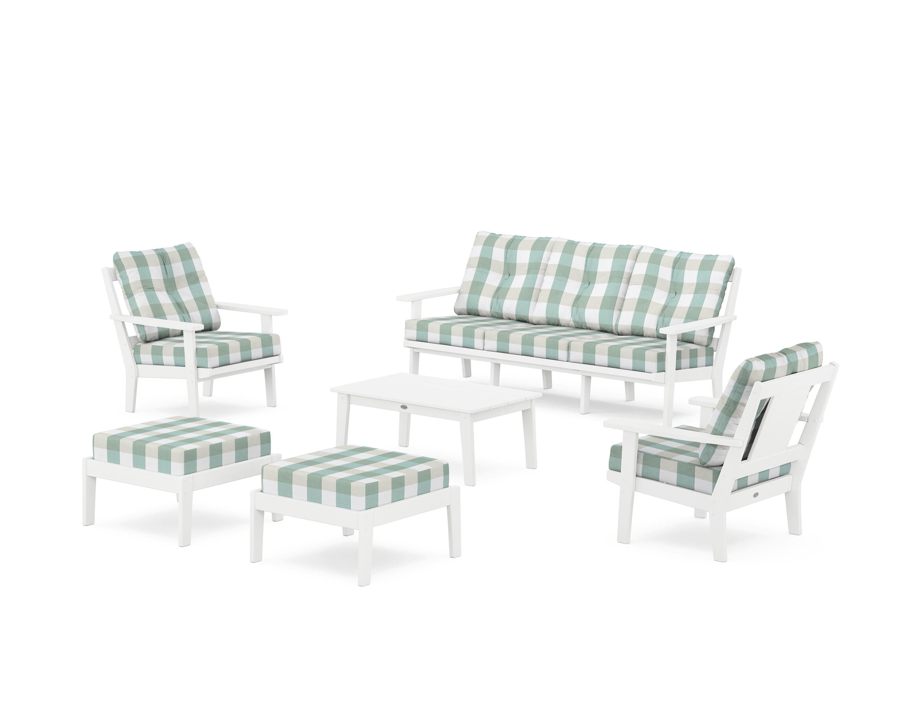 POLYWOOD® Prairie 6-Piece Lounge Sofa Set in White / Buffalo Plaid Glacier Spa