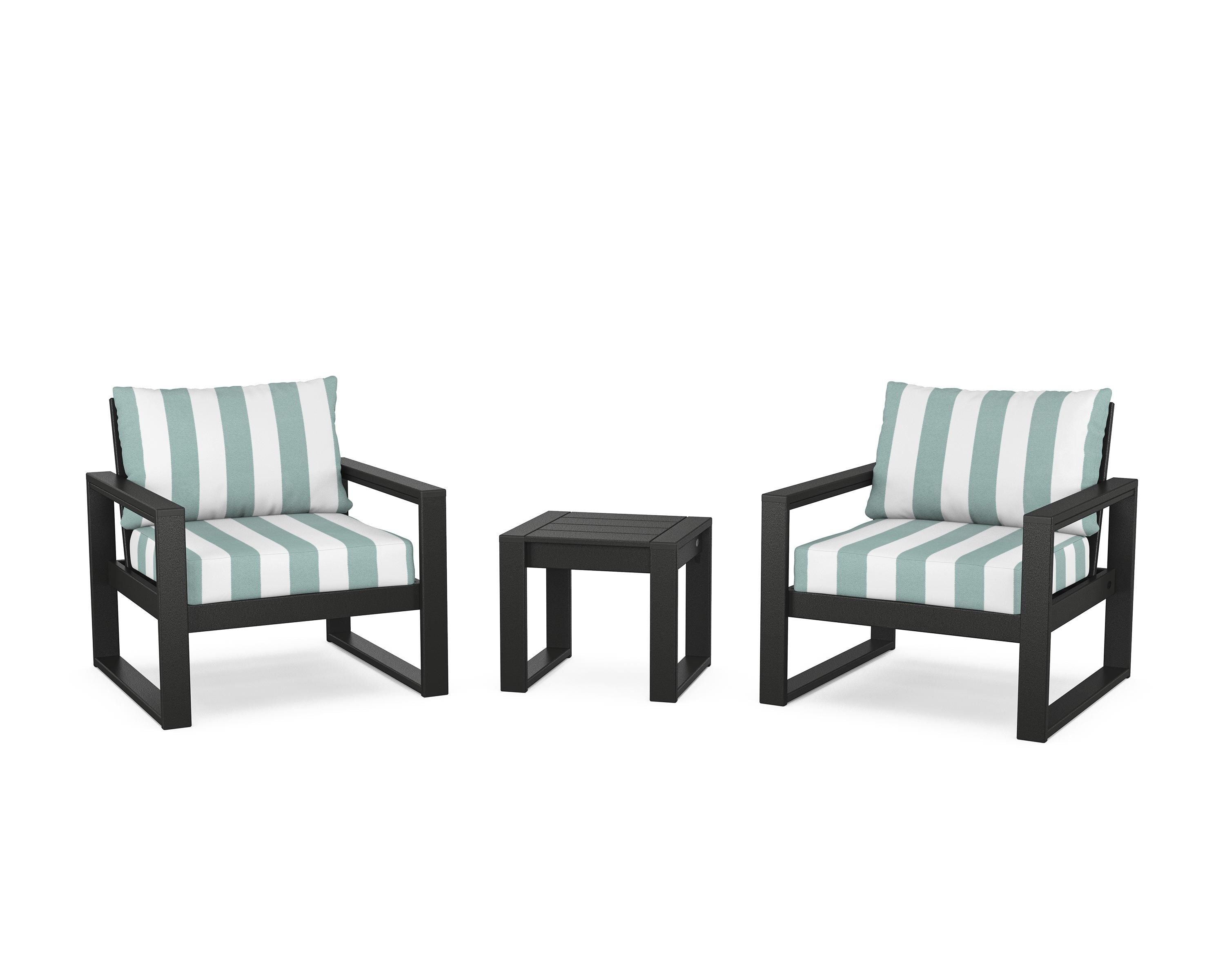 POLYWOOD® EDGE Sectional 3-Piece Deep Seating Set in Black / Cabana Stripe Glacier Spa