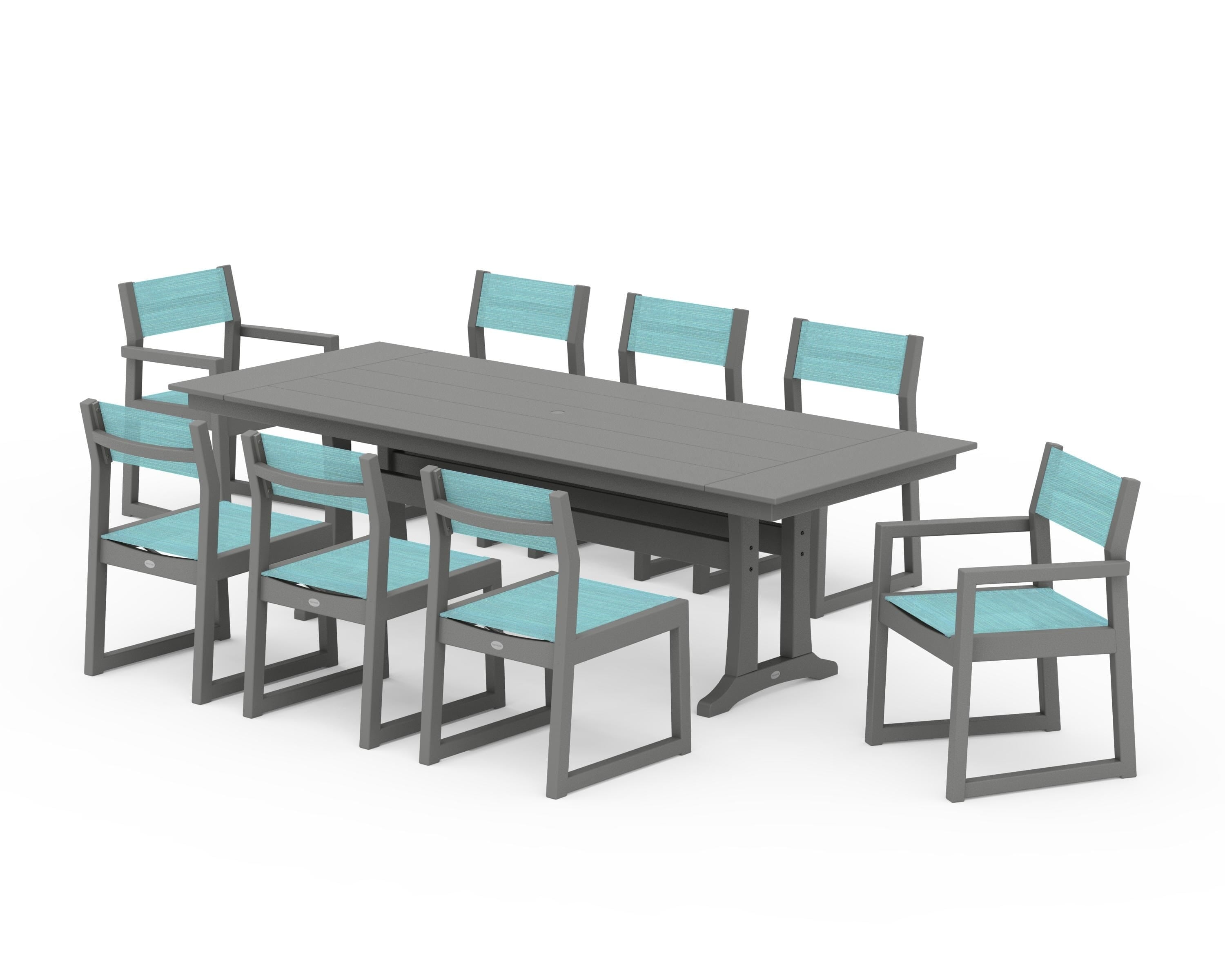 POLYWOOD® EDGE Sling 9-Piece Farmhouse Trestle Dining Set in Slate Grey / Dupioni Aquamarine Sling