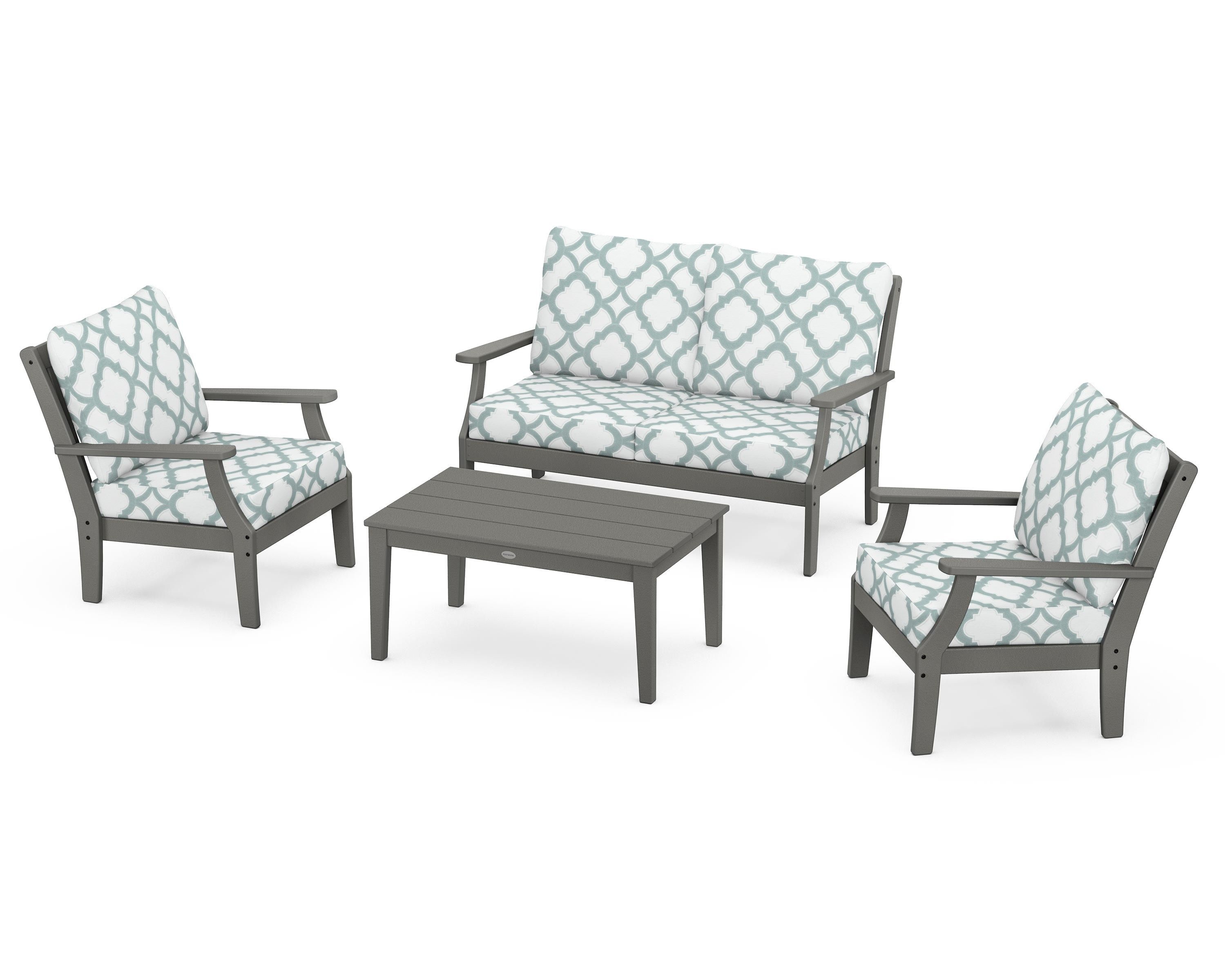 POLYWOOD® Braxton 4-Piece Deep Seating Chair Set in Slate Grey / Trellis Glacier Spa