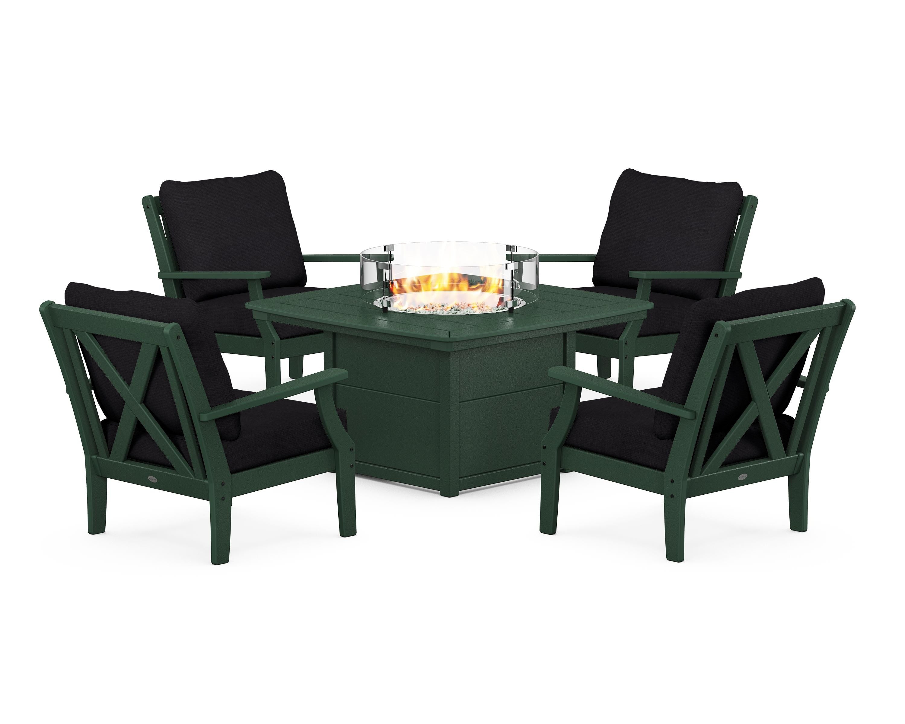POLYWOOD® Braxton 5-Piece Deep Seating Conversation Set with Fire Pit Table in Green / Midnight Linen