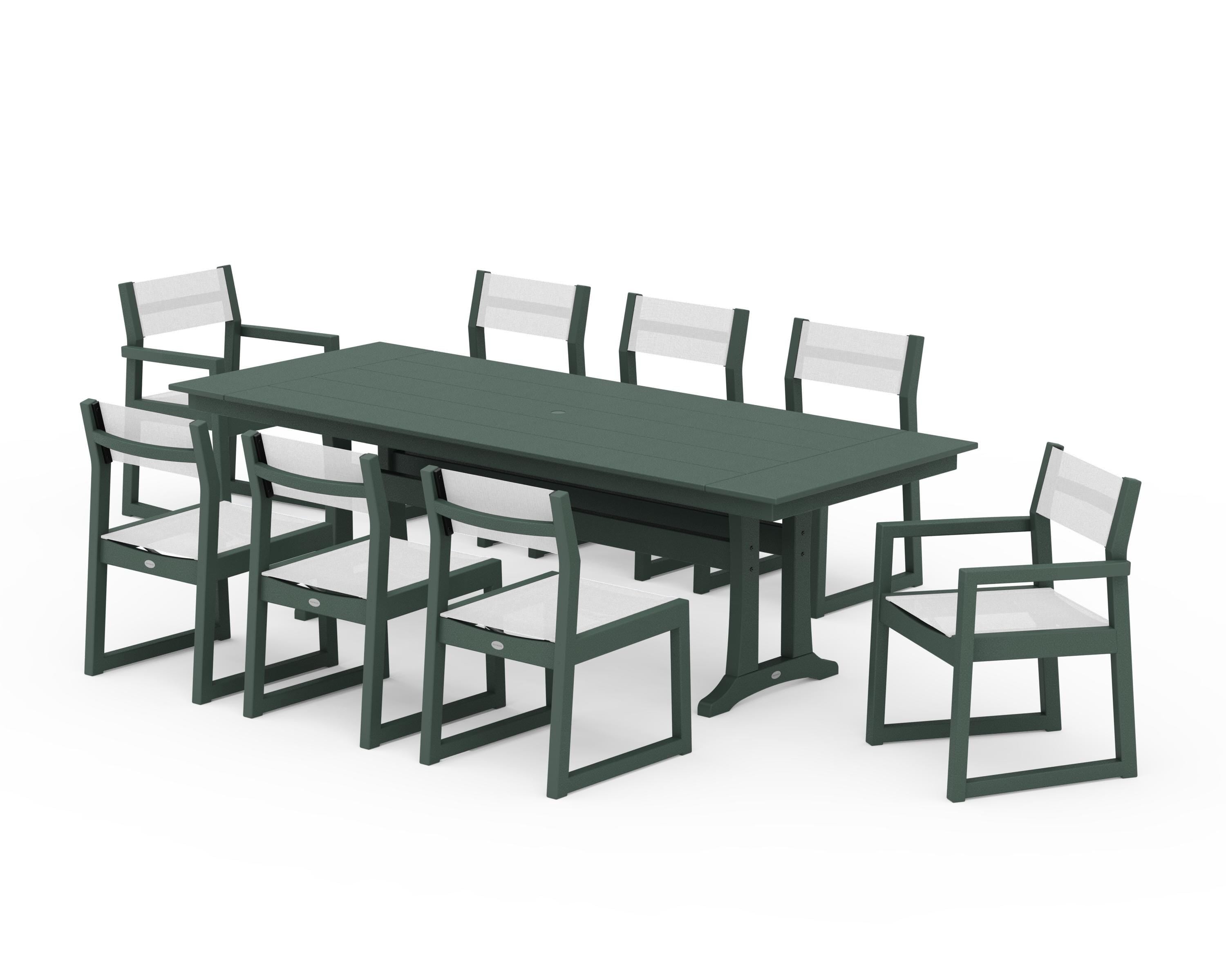 POLYWOOD® EDGE Sling 9-Piece Farmhouse Trestle Dining Set in Green / White Sling