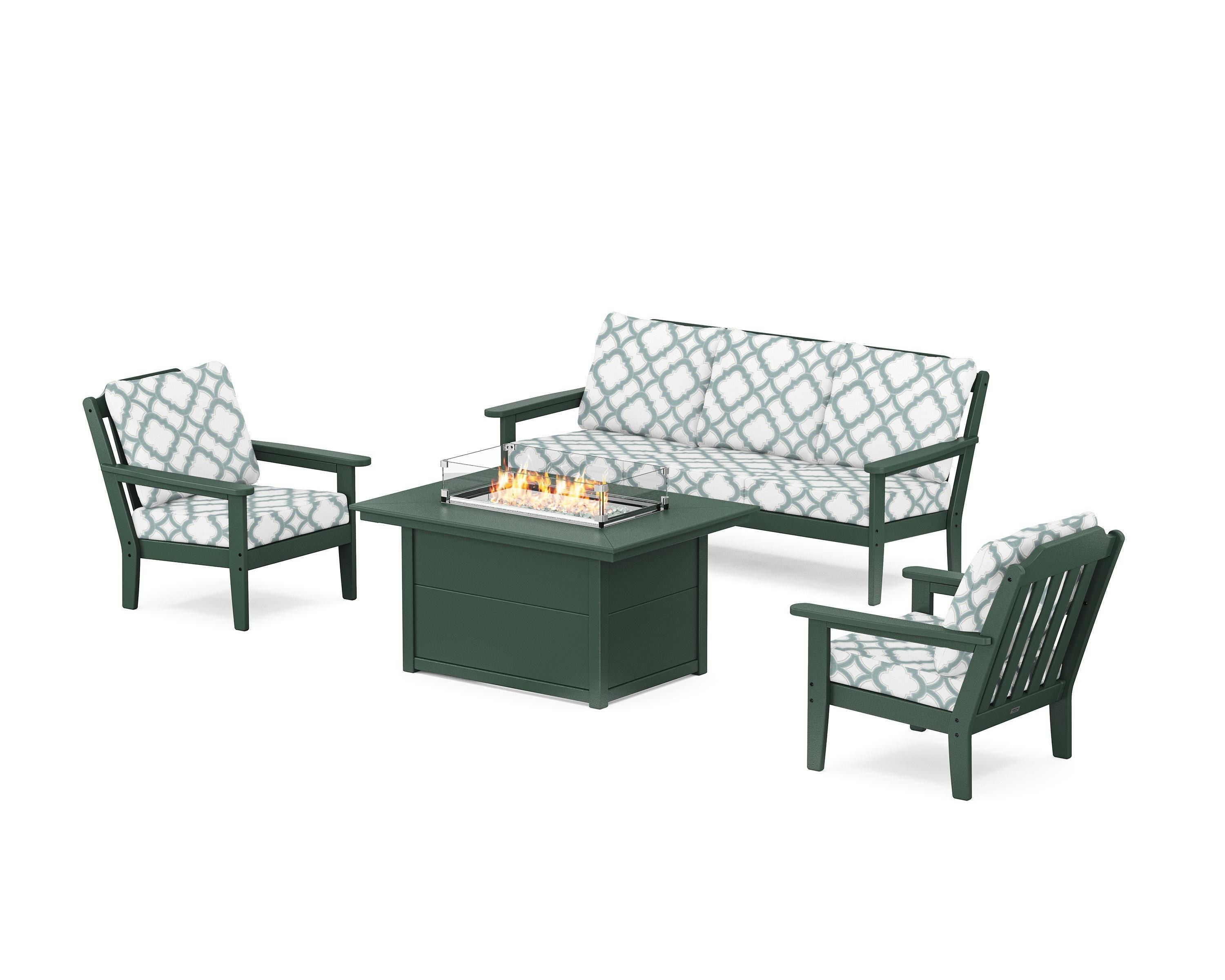 Country Living Cottage Deep Seating Fire Pit Table Set in Green / Trellis Glacier Spa
