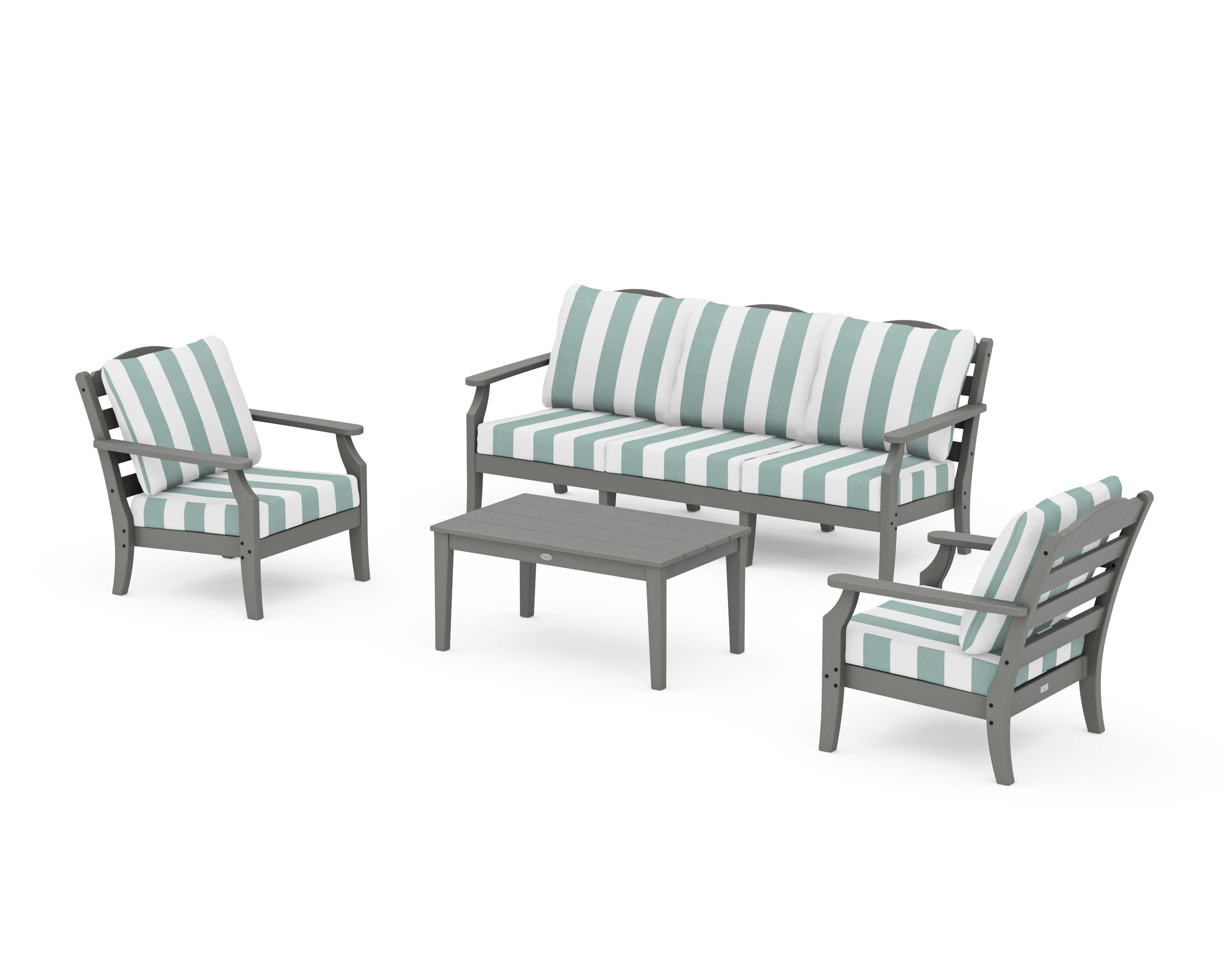 Draper James™ by POLYWOOD® Savannah 4-Piece Deep Seating Set with Sofa in Slate Grey / Cabana Stripe Glacier Spa