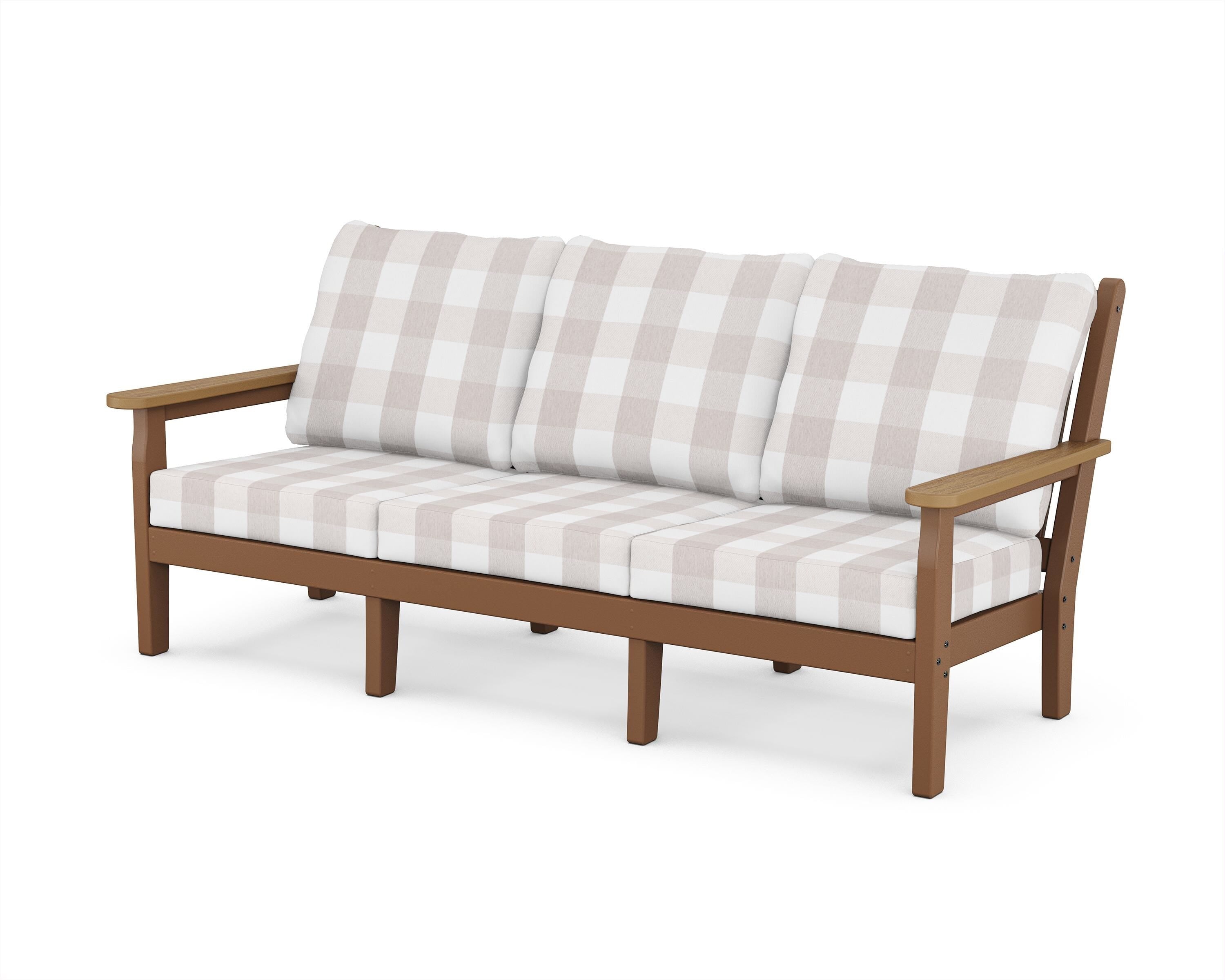 POLYWOOD® Chippendale Deep Seating Sofa in Teak / Natural / Buffalo Plaid Dune Burlap