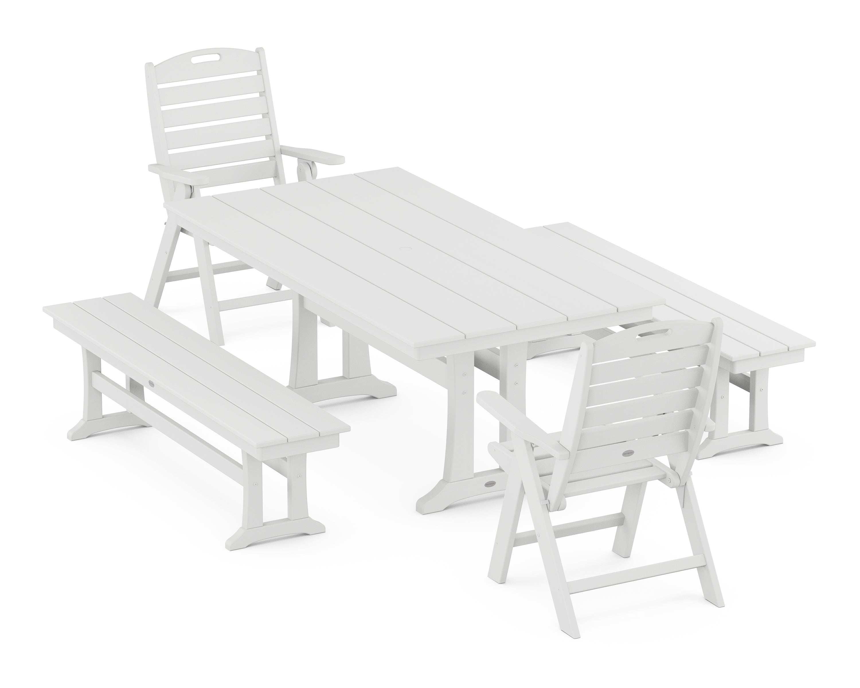 POLYWOOD® Nautical Folding Highback Chair 5-Piece Farmhouse Dining Set With Trestle Legs and Benches in White