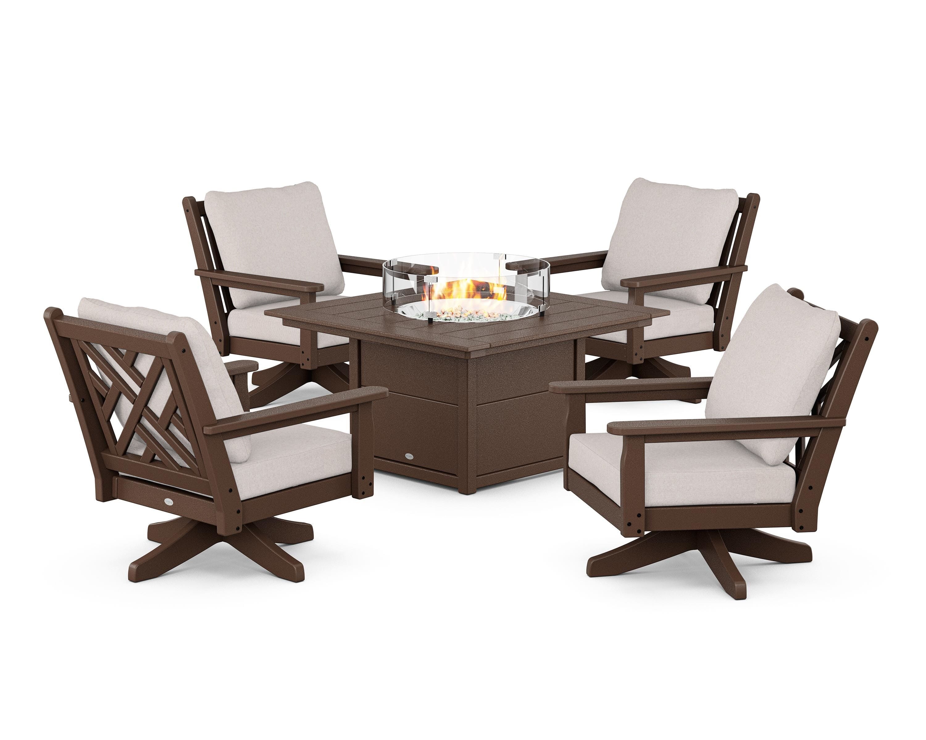 POLYWOOD® Chippendale 5-Piece Deep Seating Swivel Conversation Set with Fire Pit Table in Mahogany / Dune Burlap