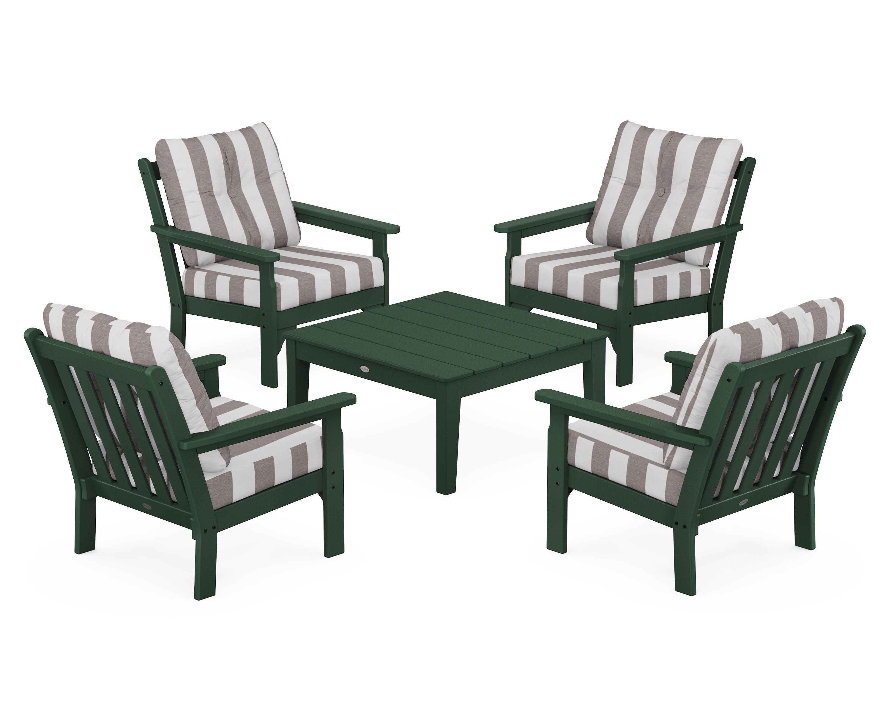 POLYWOOD® Vineyard 5-Piece Deep Seating Conversation Set in Green / Cabana Stripe Grey Mist