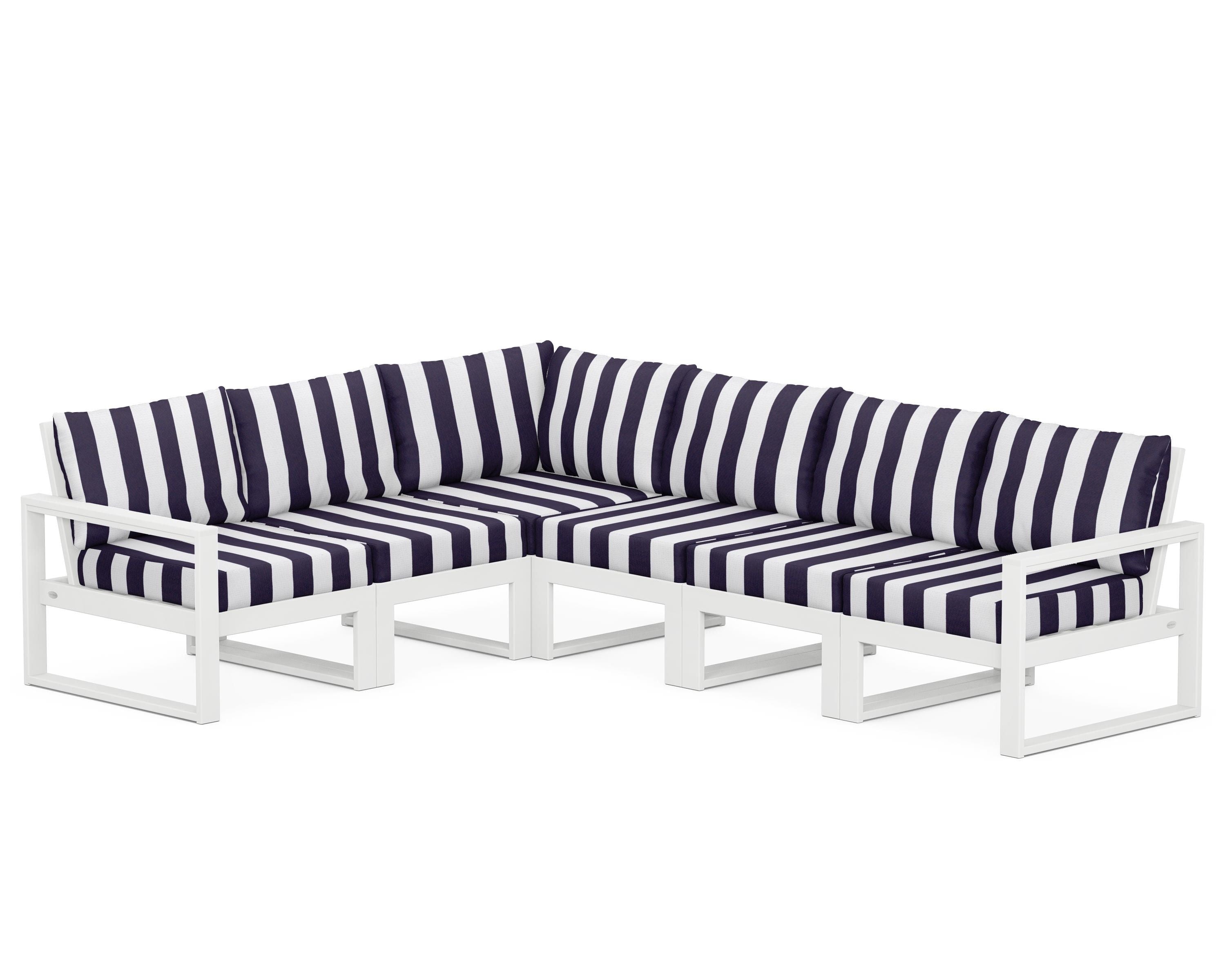 POLYWOOD® EDGE 6-Piece Modular Deep Seating Set in White / Cabana Stripe Navy