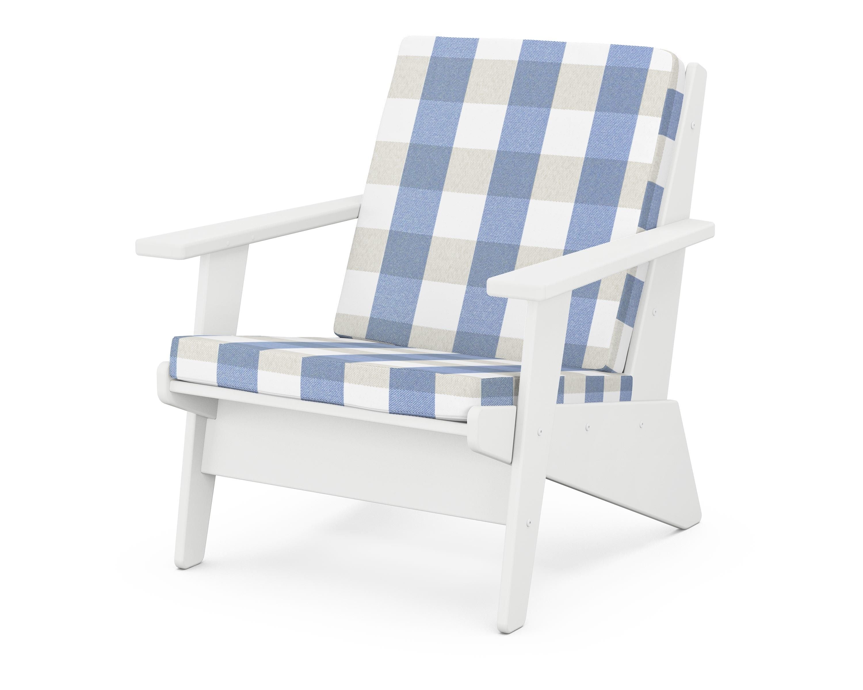 POLYWOOD® Riviera Modern Lounge Chair in White / Buffalo Plaid Sky Blue
