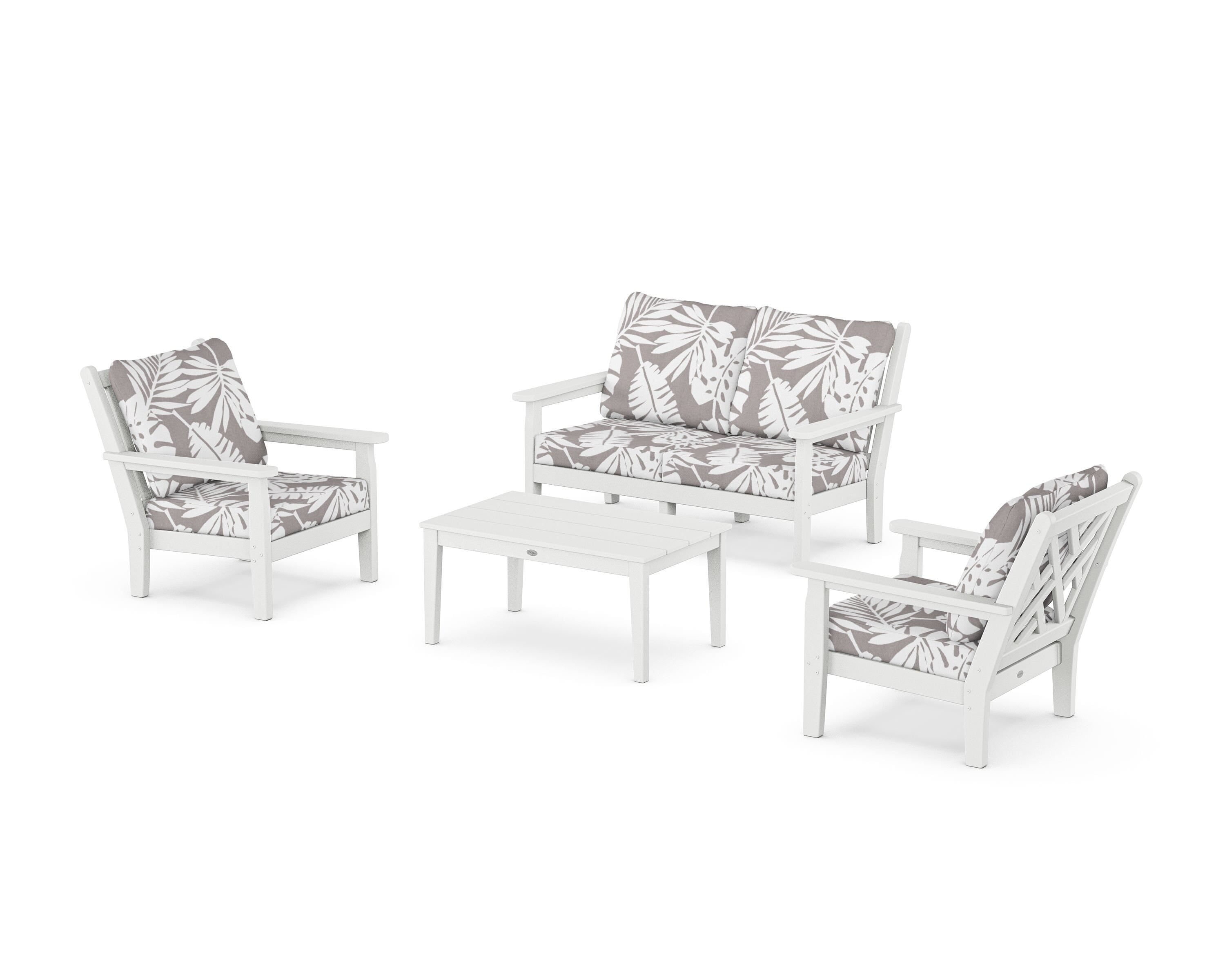 POLYWOOD® Chippendale 4-Piece Deep Seating Set with Loveseat in White / Leaf Grey Mist