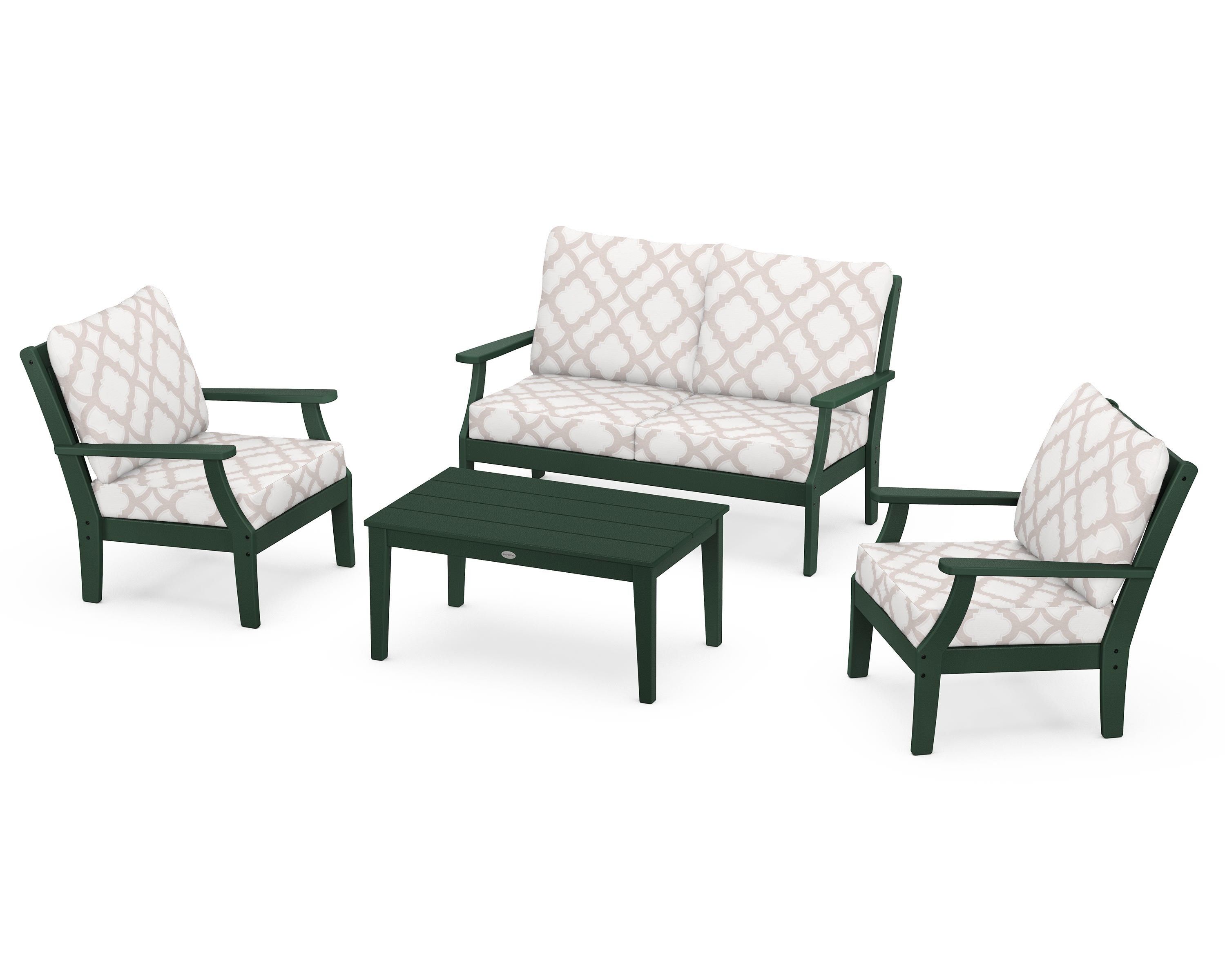 POLYWOOD® Braxton 4-Piece Deep Seating Chair Set in Green / Trellis Dune Burlap