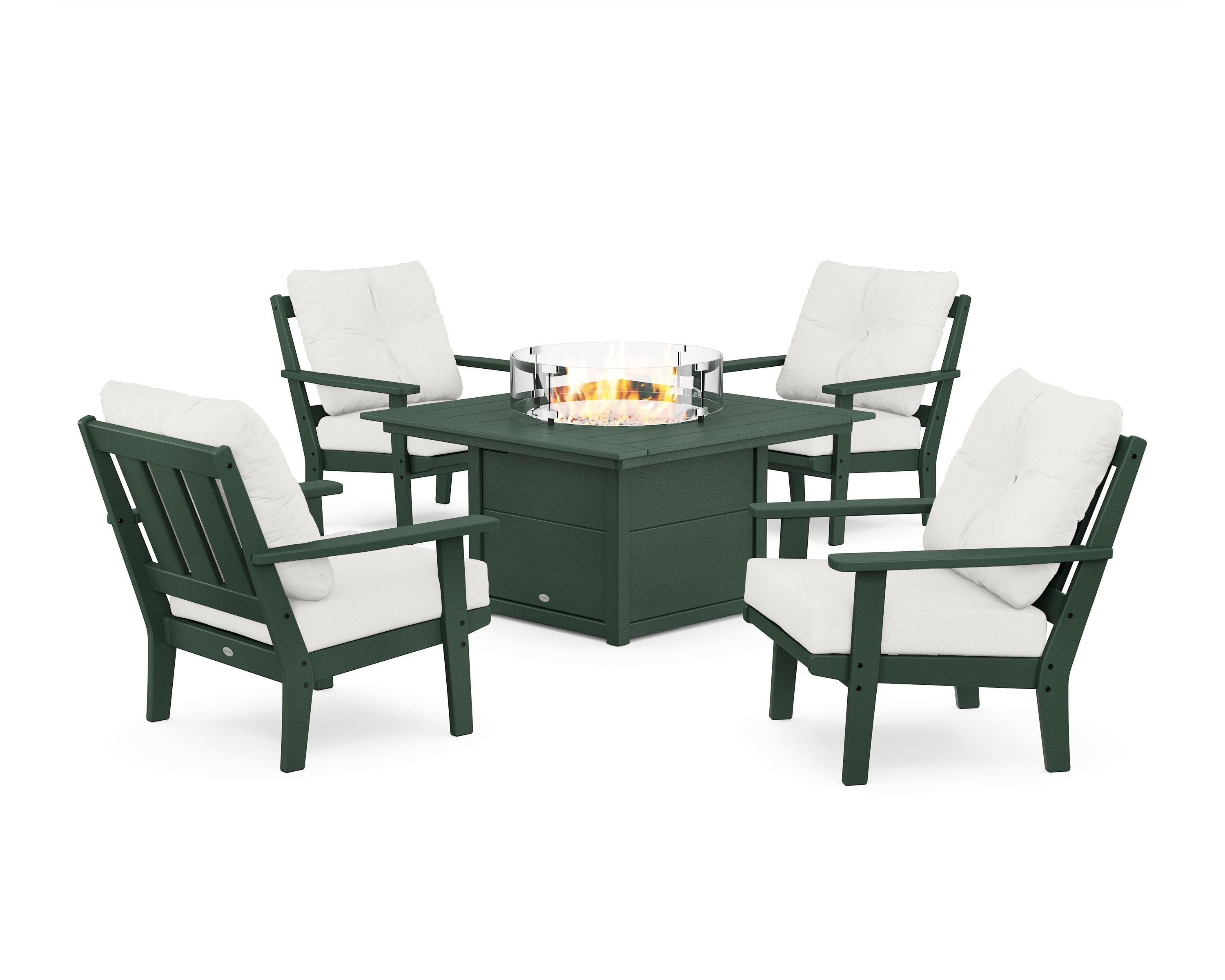 POLYWOOD® Oxford 5-Piece Deep Seating Set with Fire Pit Table in Green / Natural Linen