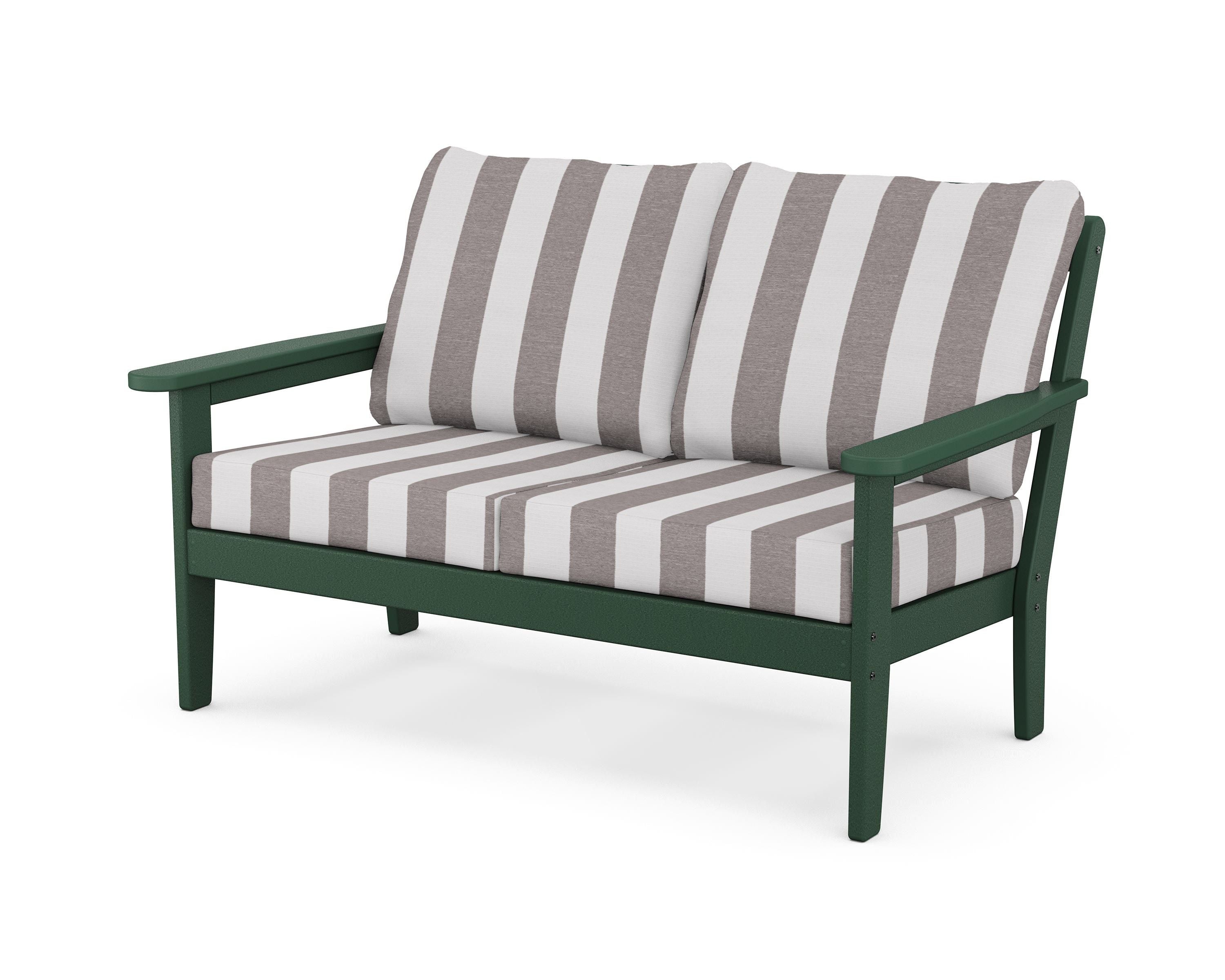 Country Living Cottage Deep Seating Loveseat in Green / Cabana Stripe Grey Mist