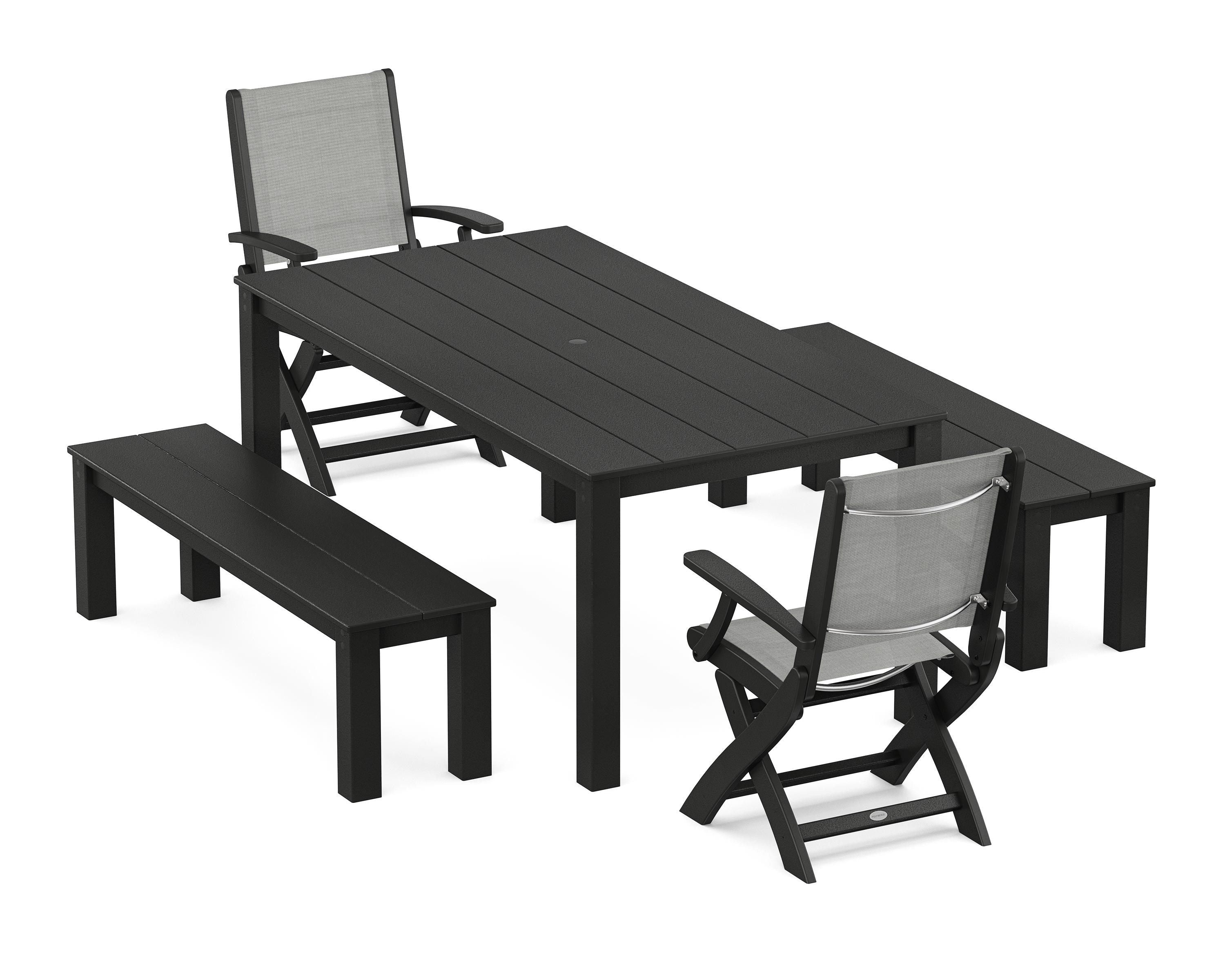 POLYWOOD® Coastal Folding Chair 5-Piece Parsons Dining Set with Benches in Black / Metallic Sling