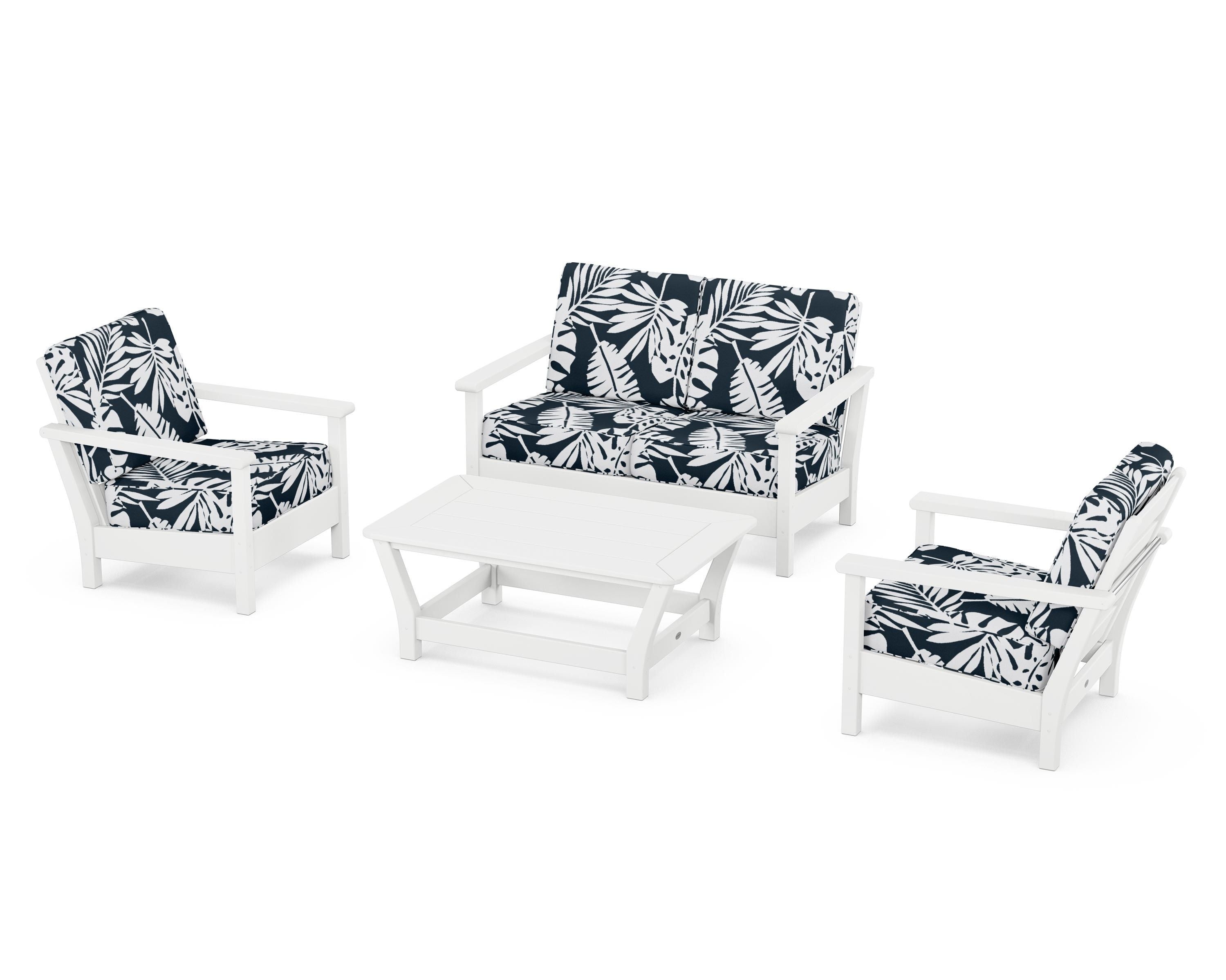 POLYWOOD® Harbour 4-Piece Deep Seating Set in White / Leaf Marine Indigo