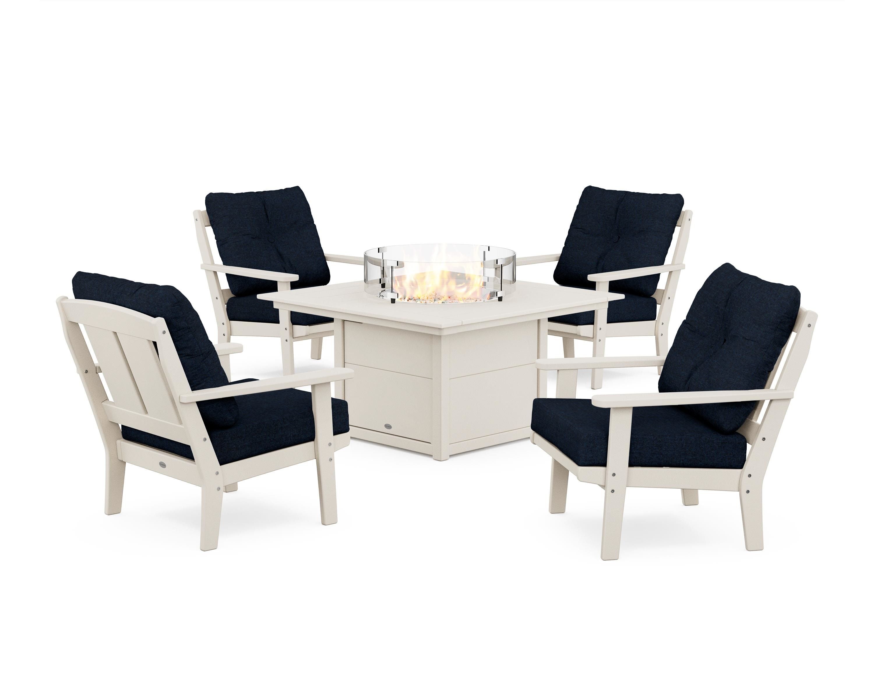 POLYWOOD® Mission 5-Piece Deep Seating Set with Fire Pit Table in Sand / Marine Indigo