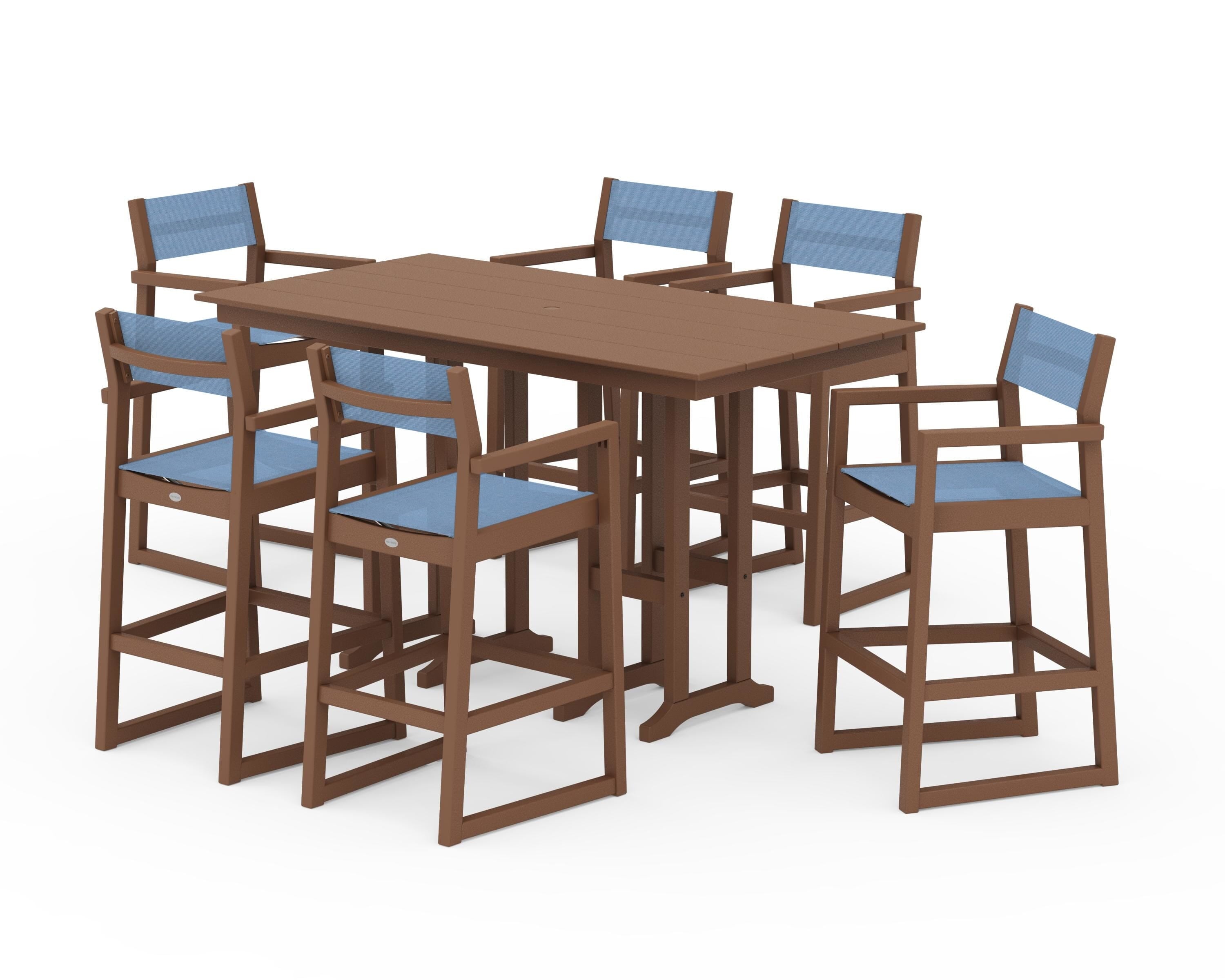 POLYWOOD® EDGE Sling Arm Chair 7-Piece Farmhouse Bar Set in Teak / Poolside Sling