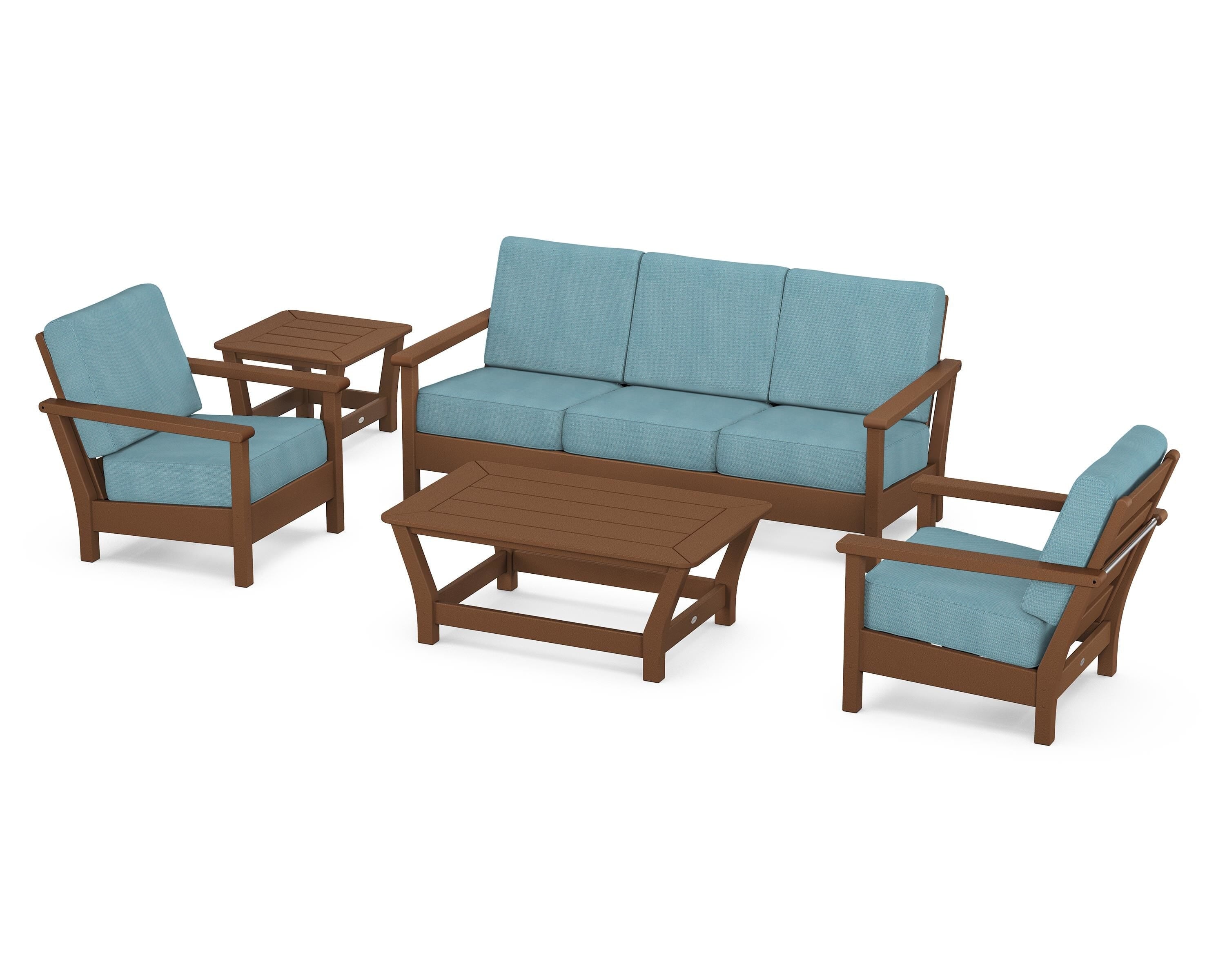 POLYWOOD® Harbour 5-Piece Deep Seating Set in Teak / Lattice Sky Blue