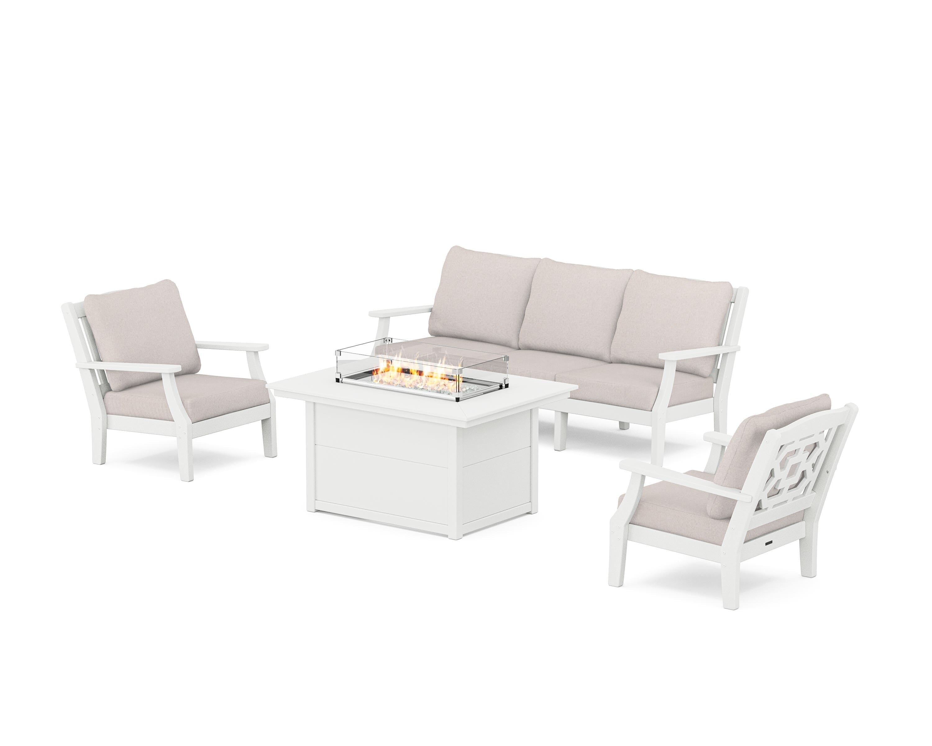 Martha Stewart by POLYWOOD® Chinoiserie Deep Seating Fire Pit Table Set in White / Dune Burlap